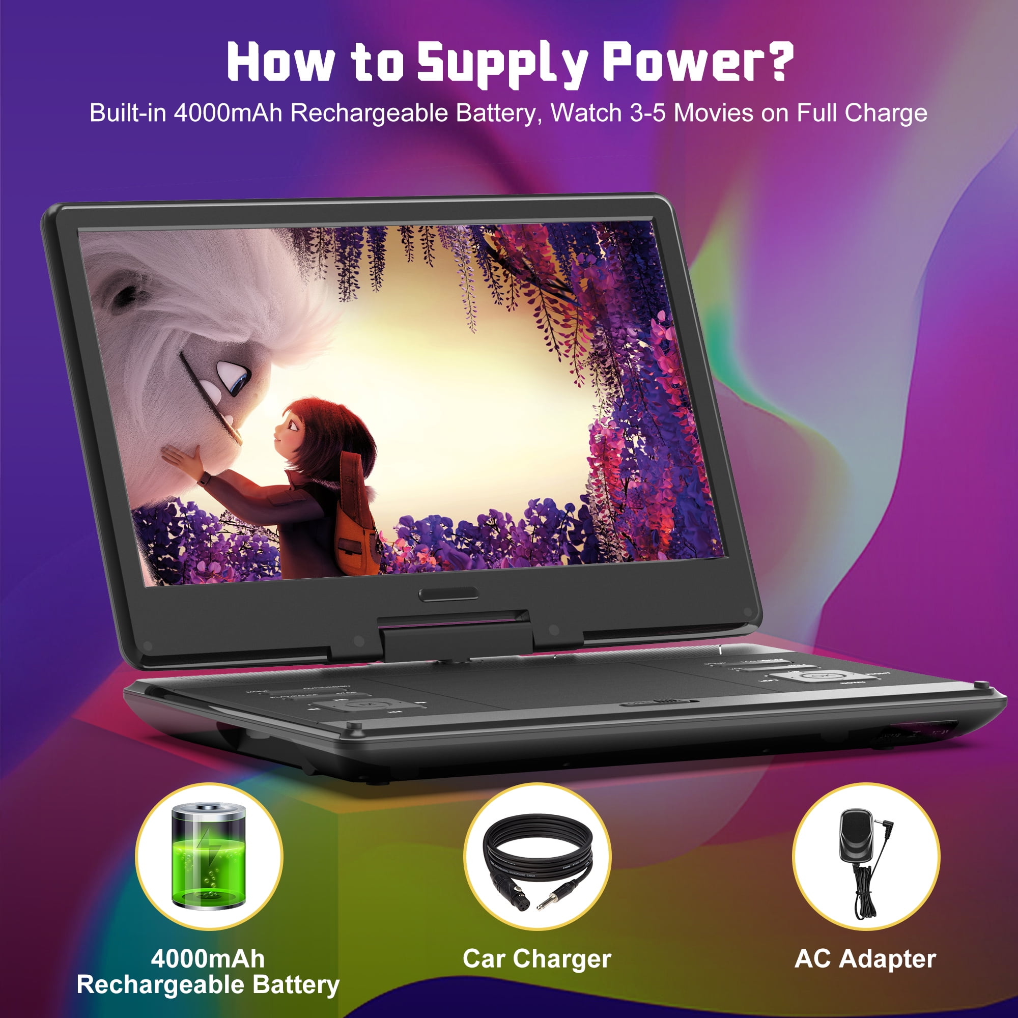 16.9'' Rechargeable Portable DVD Player for Car with 14“ Swivel Screen and Remote Control, Support USB TF Card 1080P-Black - Image 4