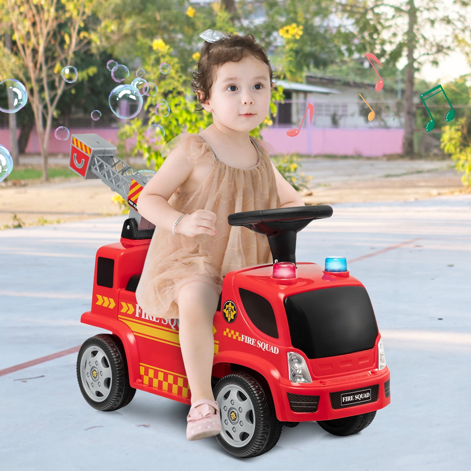 Costway Kids Ride On Fire Truck Foot-to-Floor Sliding Push Car w/ Music & Bubble Maker - Image 6