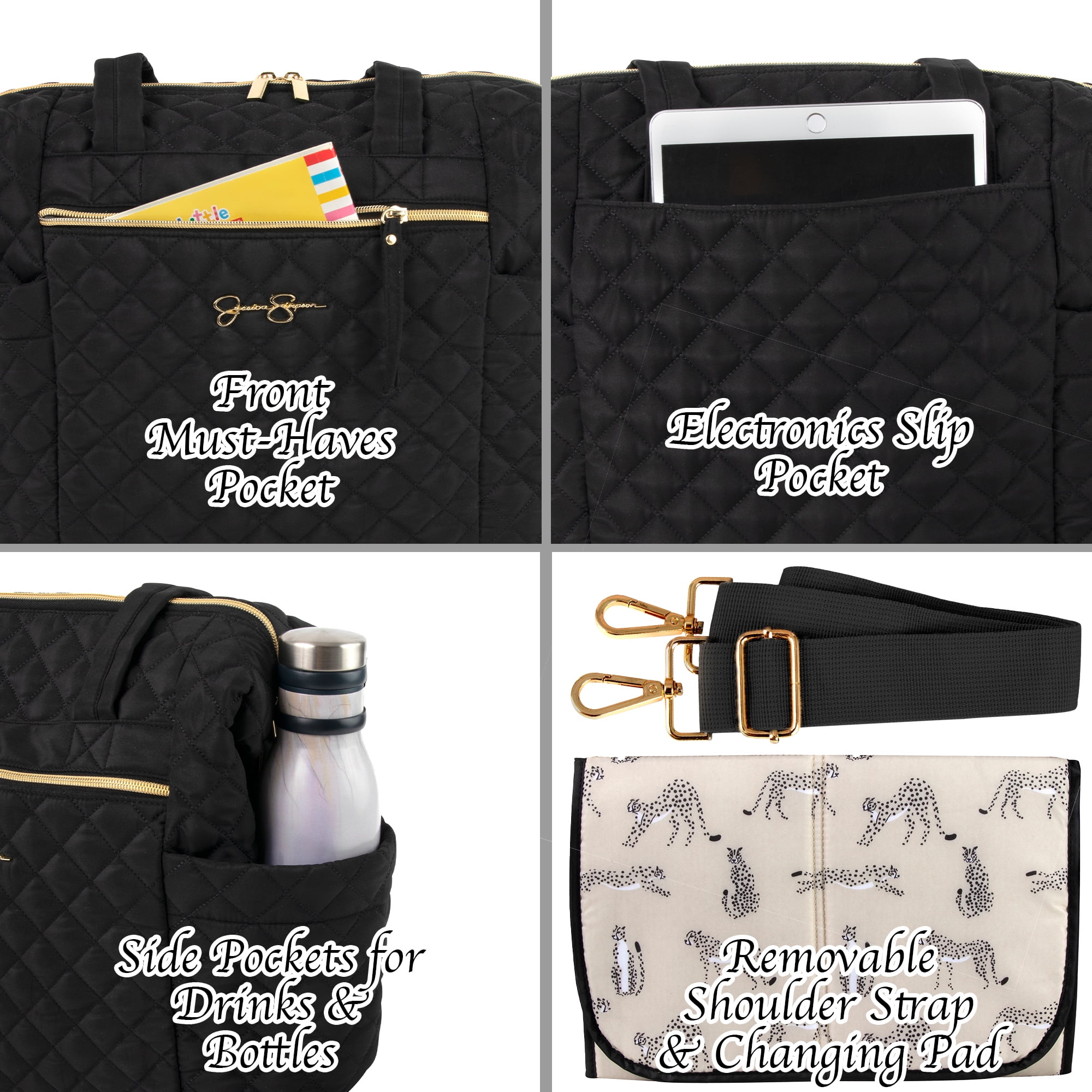Jessica Simpson Large Black Diamond Stylish Quilted Multi-Pocket Dual Zipper Closure Fashion Diaper Bag Travel Tote Satchel with Luggage Strap, Running Cheetah Print Interior & Changing Pad - Image 3