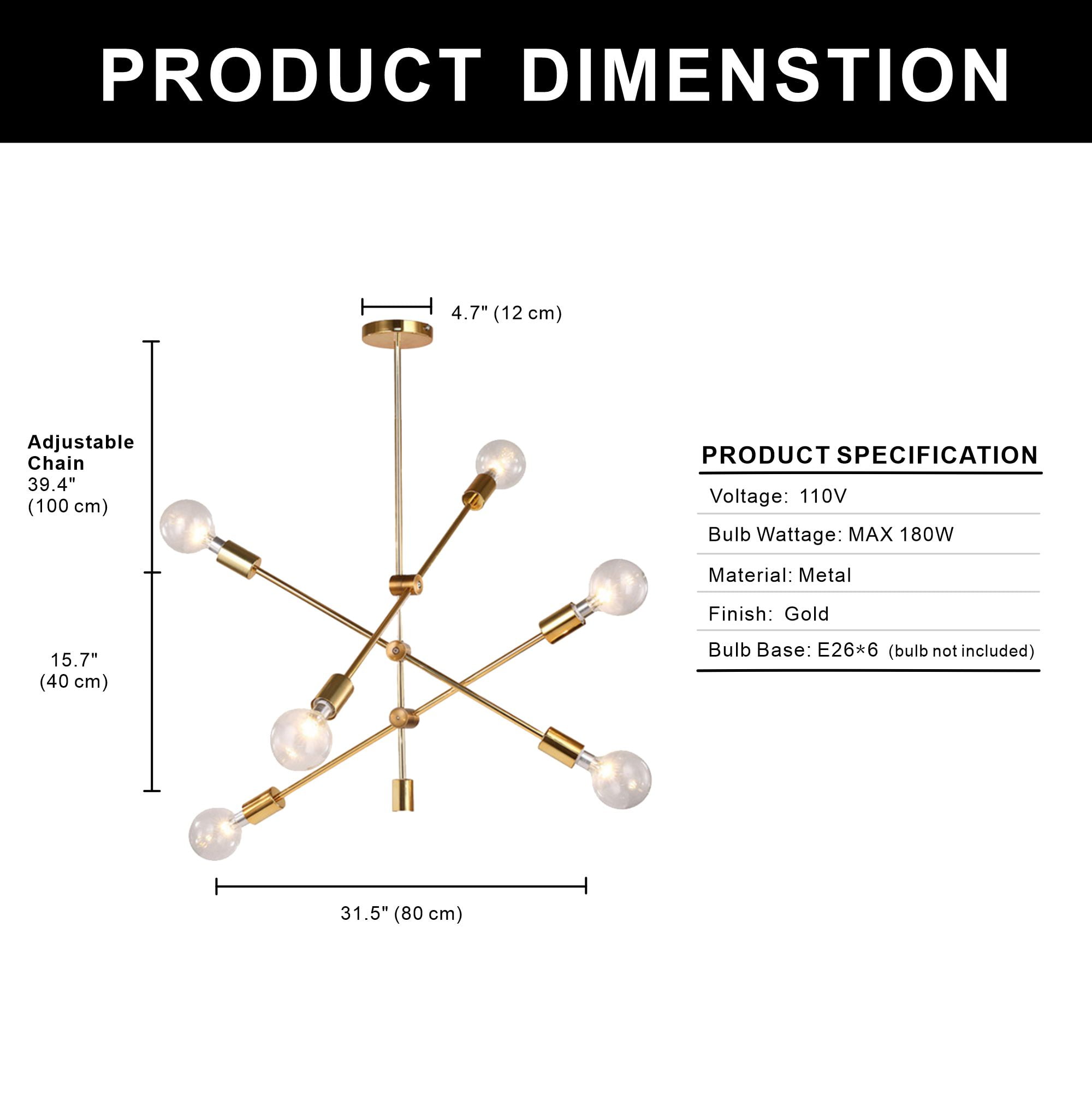 YANSUN 6 Light Sputnik-Inspired Chandelier,Gold Modern Chandelier Pendant Lighting for Kitchen Island Bedroom Living Room - Image 4