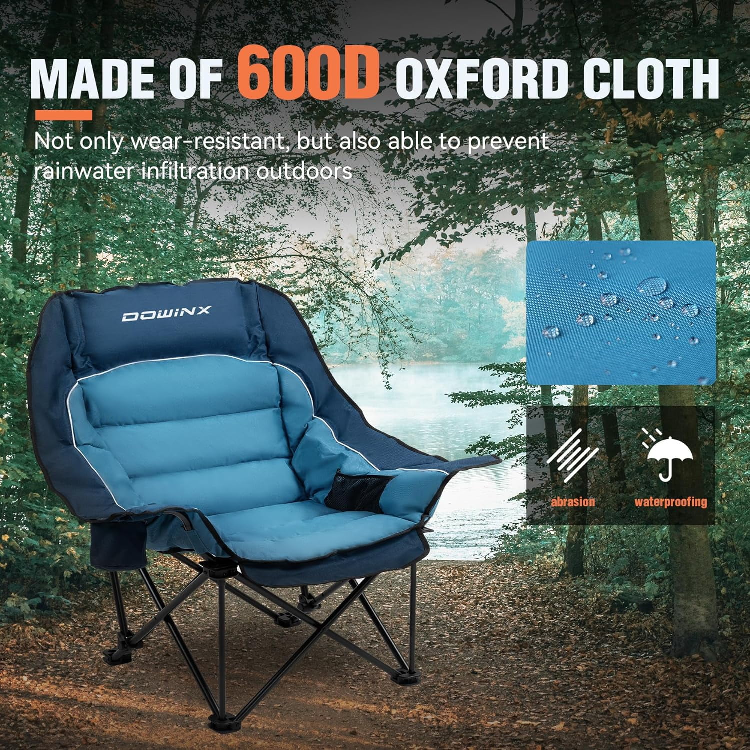 Dowinx Oversized Extra Large Camping Chair for Adults, Lawn Chairs, Folding, 3 levels adjustable Padded Camping Chair, Heavy-Duty 600D Oxford Cloth, with Cup Holder, 400 Pound Capacity, Blue - Image 5
