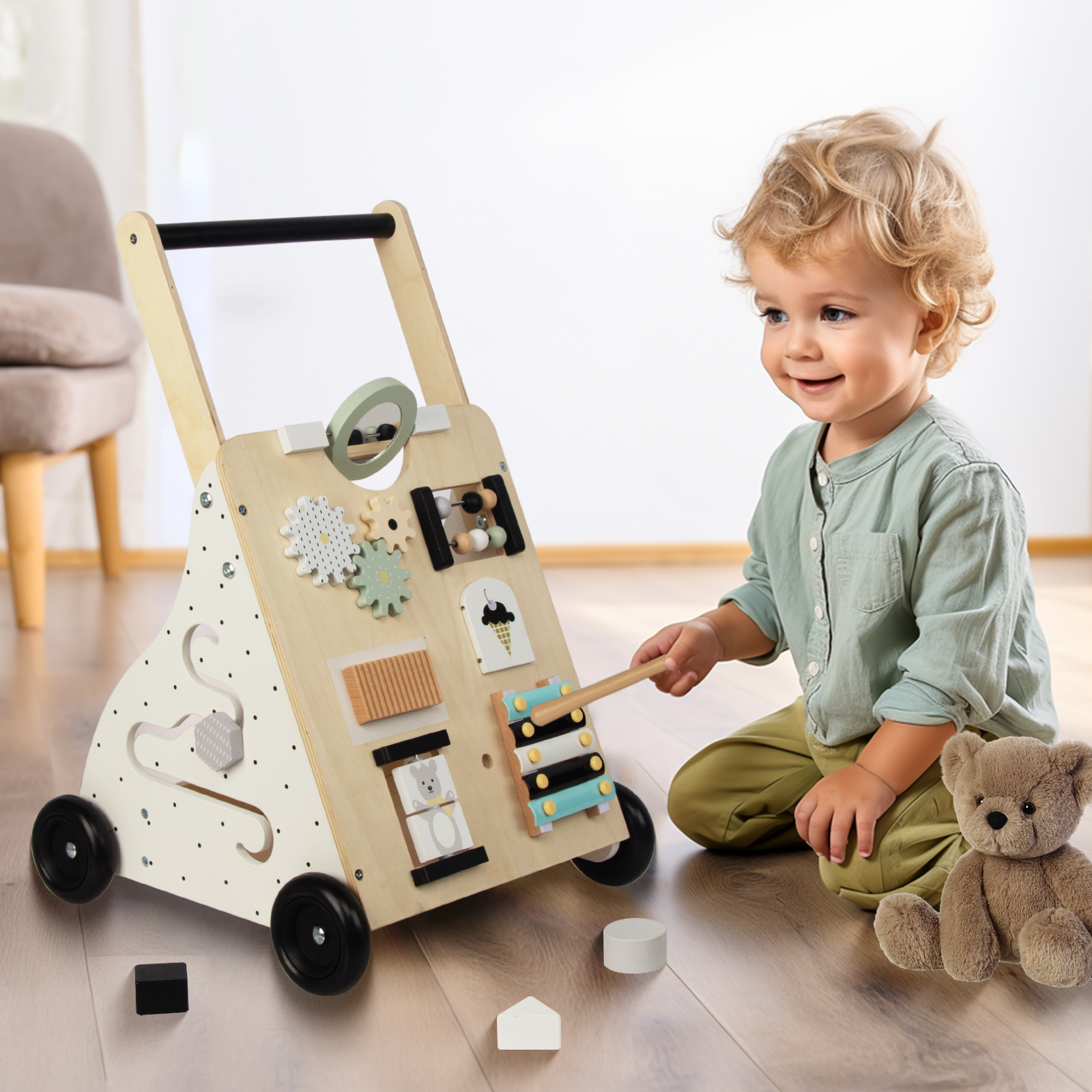 WOODENFUN Wooden Baby Push Walker for 1 Year Old Up,9 in 1 Baby Learning Walking Toys with Shape Sorter, Christmas Birthday Gifts for 1 2 3 Year Old Boys Girls Toddlers - Image 4