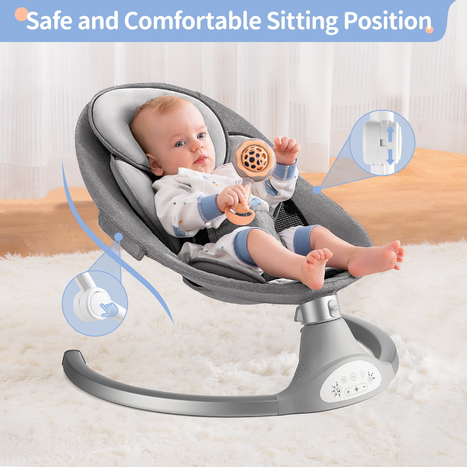 Baby Swing for Infants, Larex Electric Bouncer for Babies, Portable Swing for Baby Boy Girl, Remote Control Indoor Baby Rocker with 5 Sway Speeds, 3 Seat Positions, Music(Gray) - Image 5