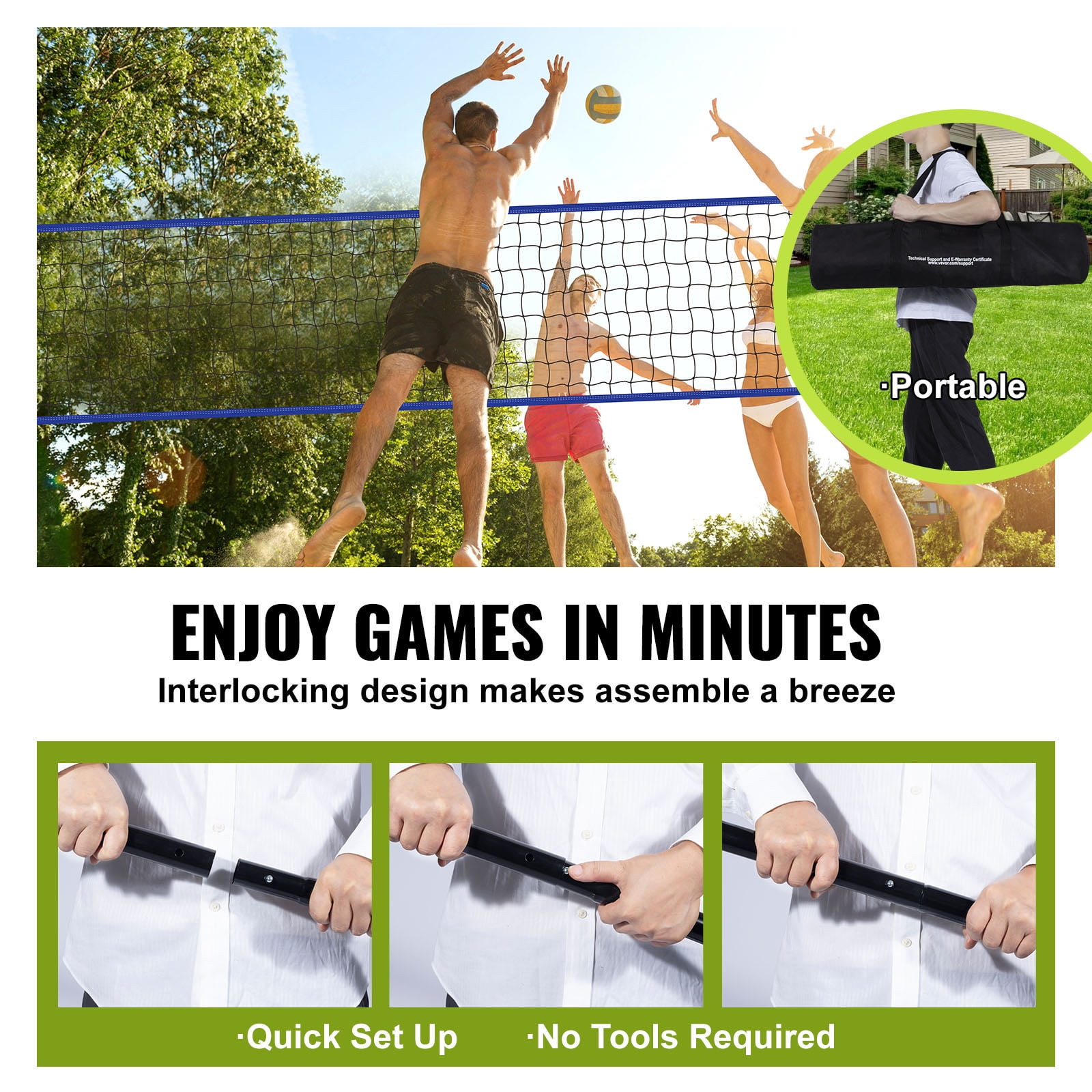 BENTISM 32ft x 3ft Portable Volleyball Net System Adjustable Height Poles with PVC Volleyball, Carrying Bag, Boundary Lines, Steel Poles & Pump for Outdoor Sports - Image 7