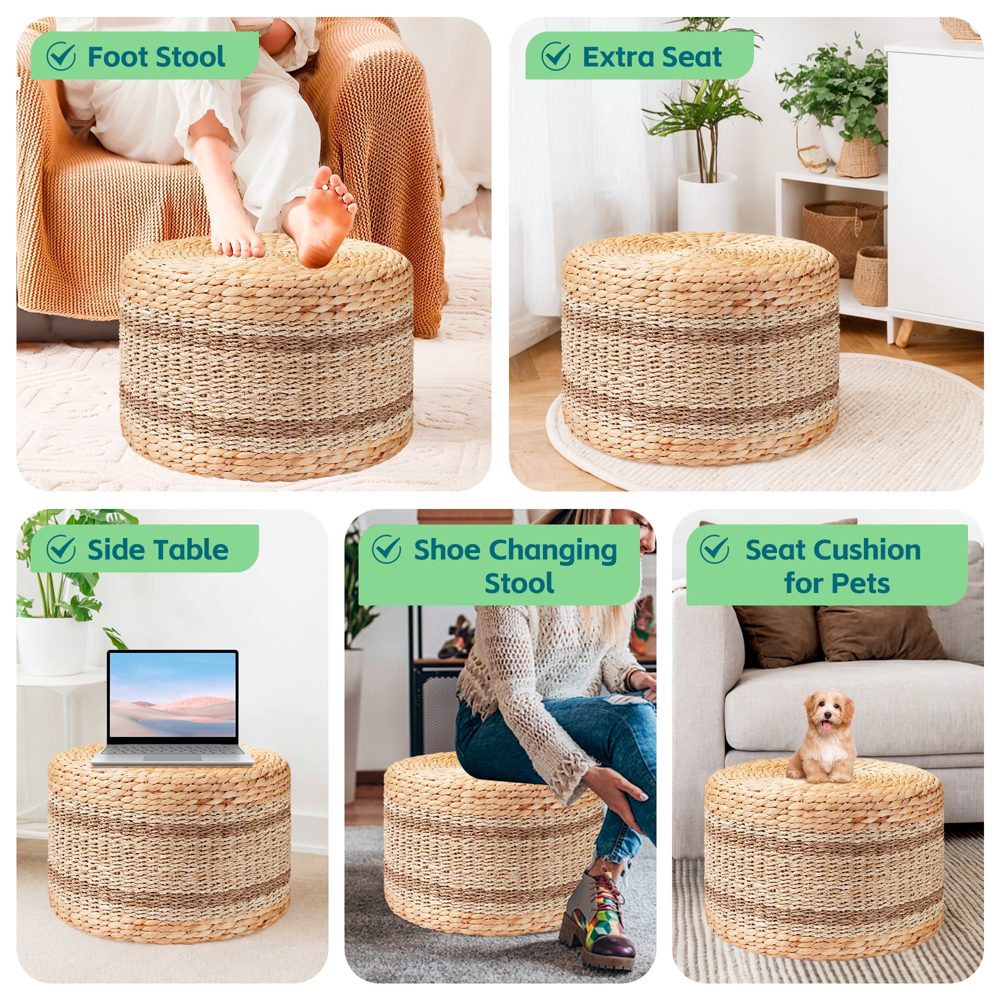 TrumanPick Seagrass Pouf Ottoman 18"x12", Accent Boho Footstool for Indoor Outdoor, Natural - Image 9
