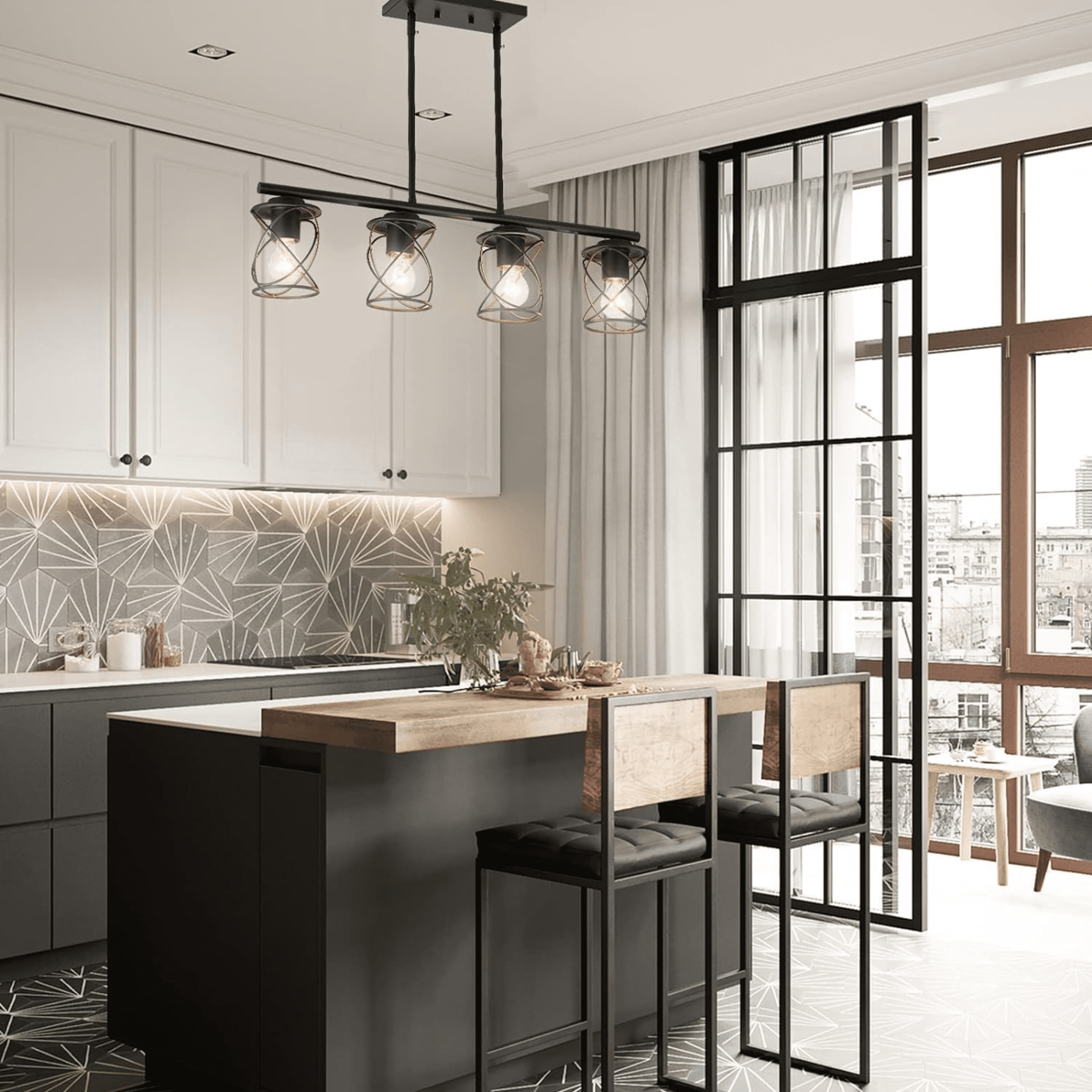 4-Light Kitchen Island Light, Dining Room Lighting Fixtures Hanging for Kitchen Island Table Living Room, Black Metal - Image 7