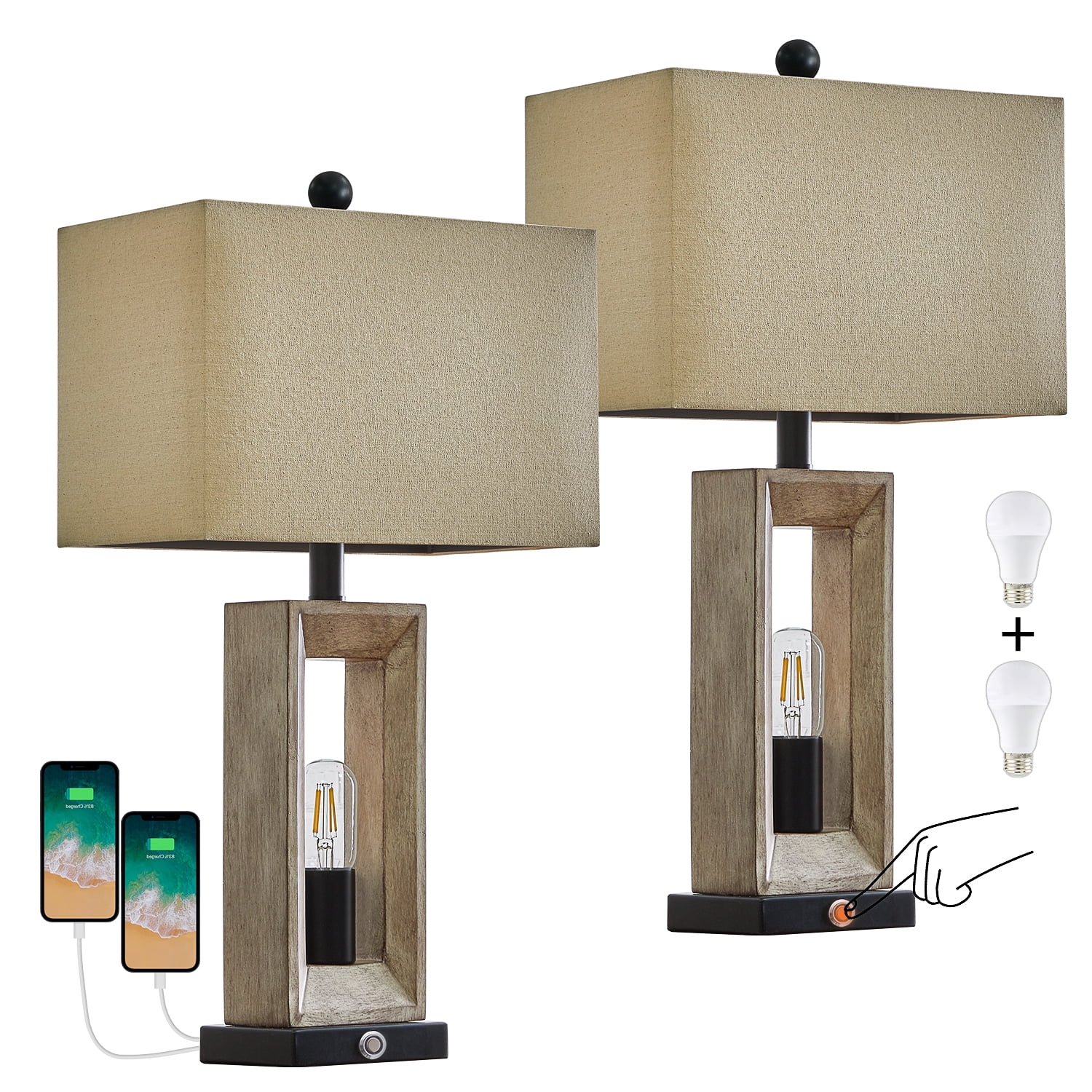 Yokila 3 Way Dimmable Touch Table Lamp Set of 2 with USB Ports for Living Room Bedroom 25" Retro Resin Bedside Nightstands Lamps(4 Bulbs Included) - Image 8