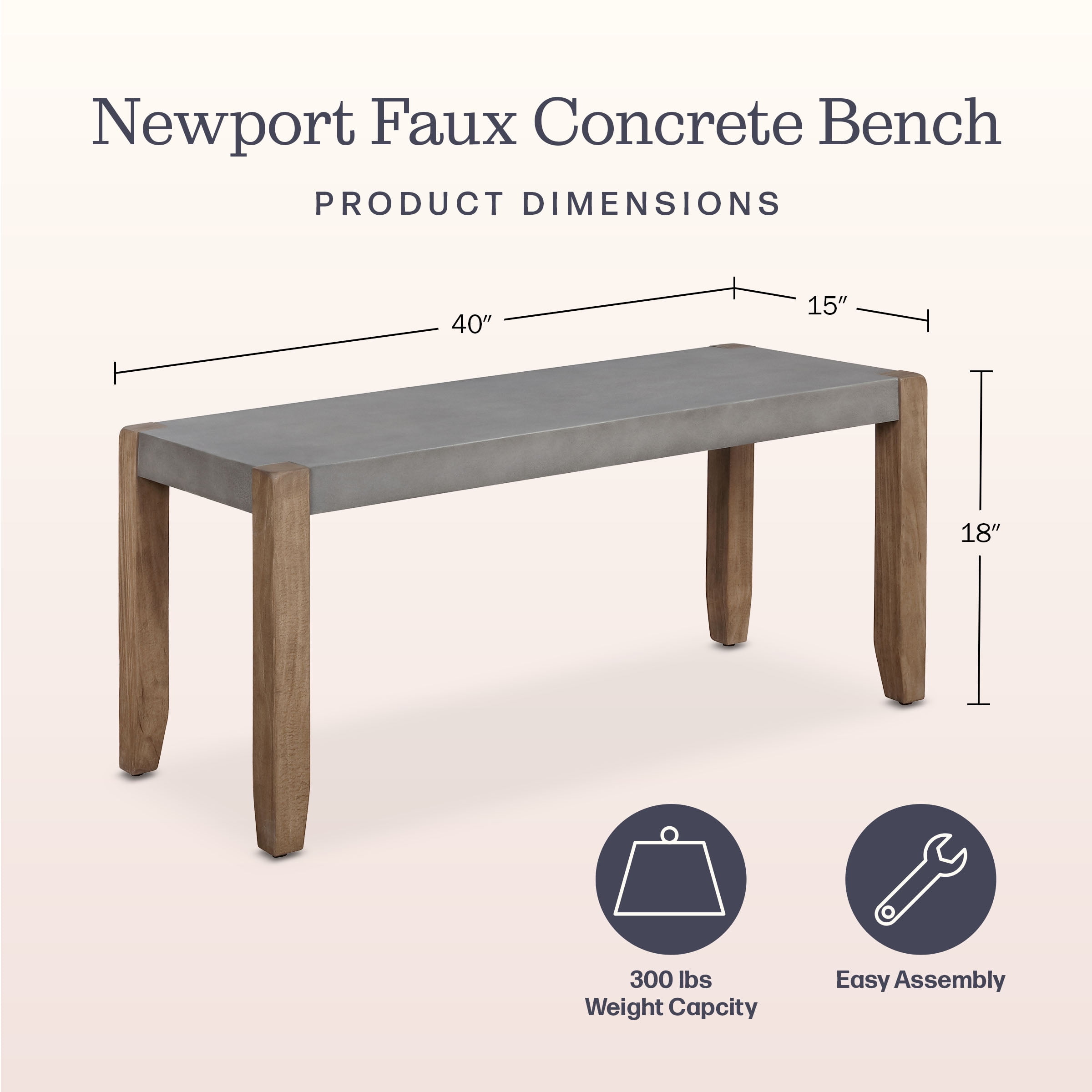 Alaterre Furniture Newport Bench with Faux Concrete Seat and Wood Legs - 40 Inch Entryway Bench with Rustic Industrial Design - Benches for Bedroom, Living Room, Dining Room, and Mudroom - Image 2