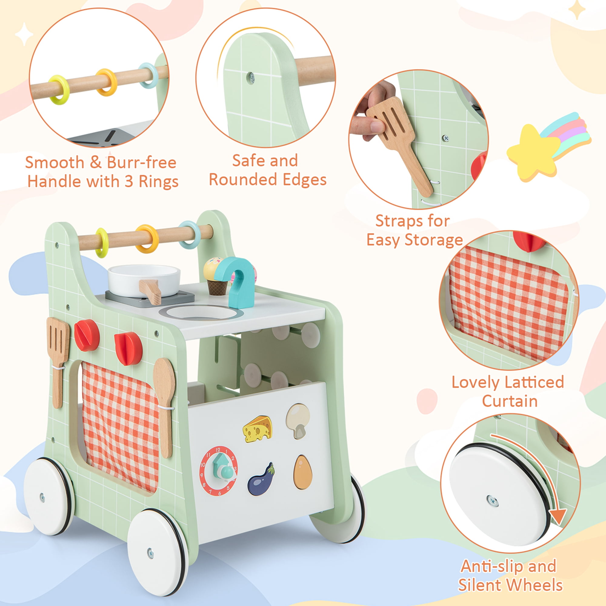 Costway 6-in-1 Baby Push Walker Wooden Strollers Learning Activity Center Toy with Kitchen 12+ months+ Green - Image 5