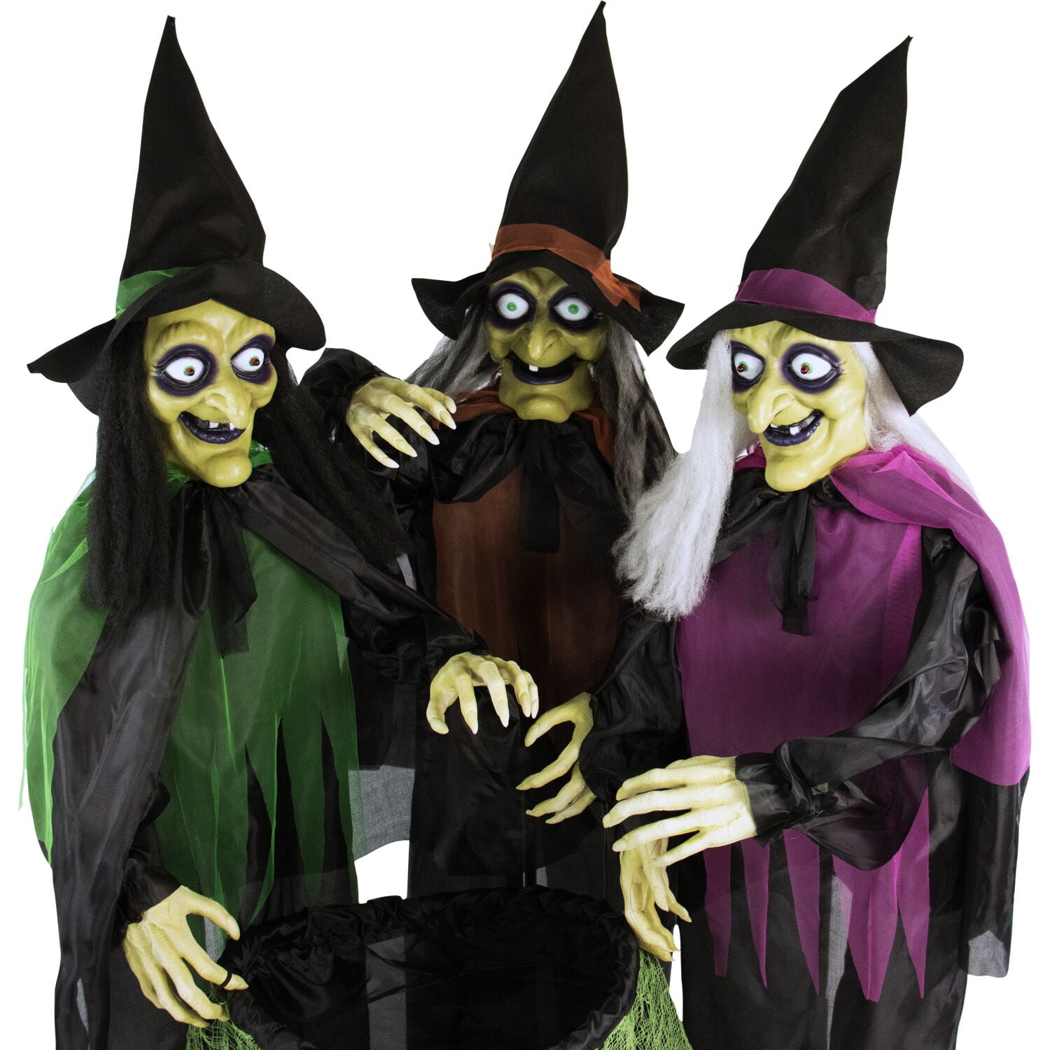 Haunted Hill Farm 5.7 ft Animatronic 3 Witches with Cauldron, Indoor/Covered Outdoor Halloween Decoration with Light-up Eyes, HHWITCH-15FLS - Image 13