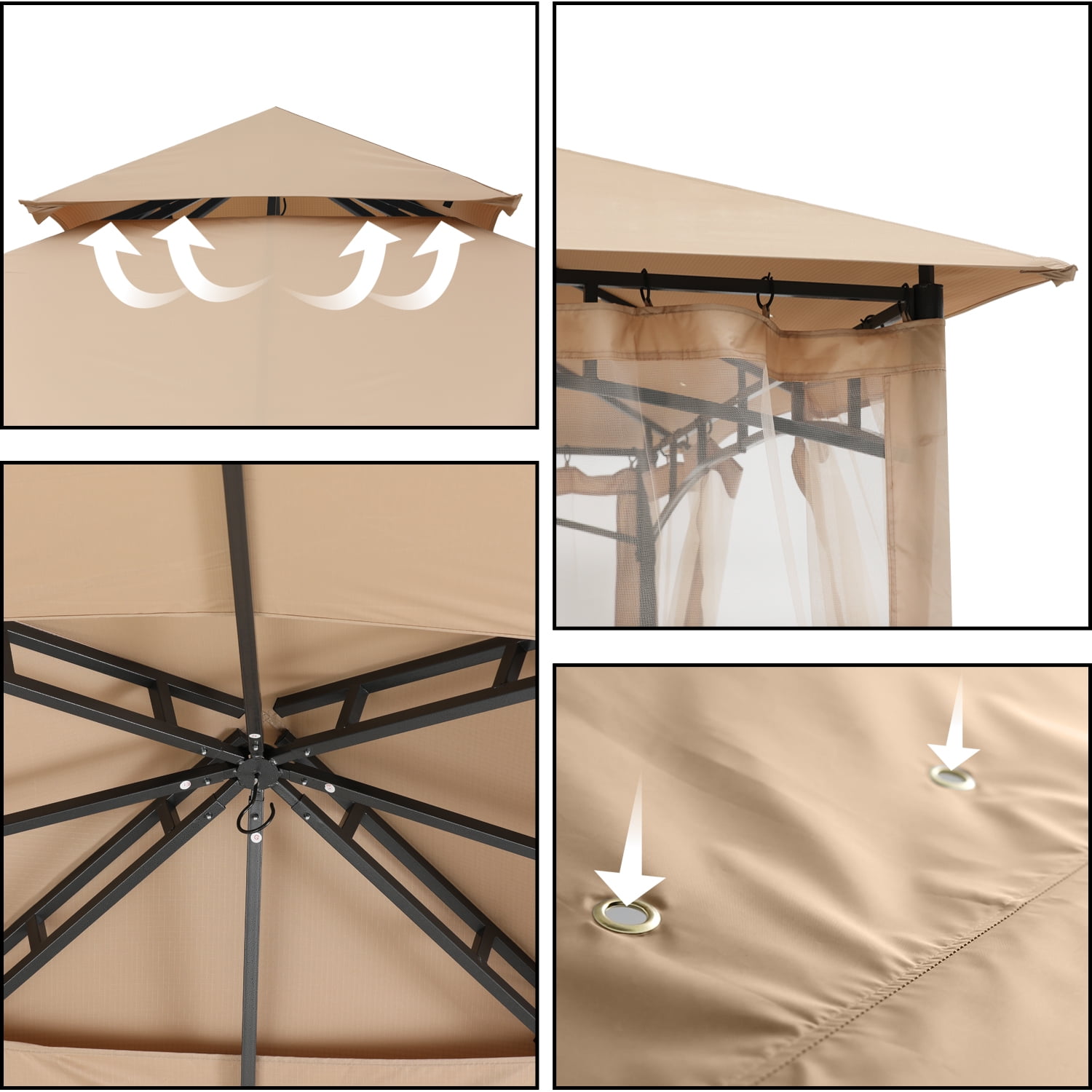ABCCANOPY 9'x9' Patio Gazebo With Mosquito Netting and Double Soft Roof Canopies for Shade and Rain,Khaki - Image 7