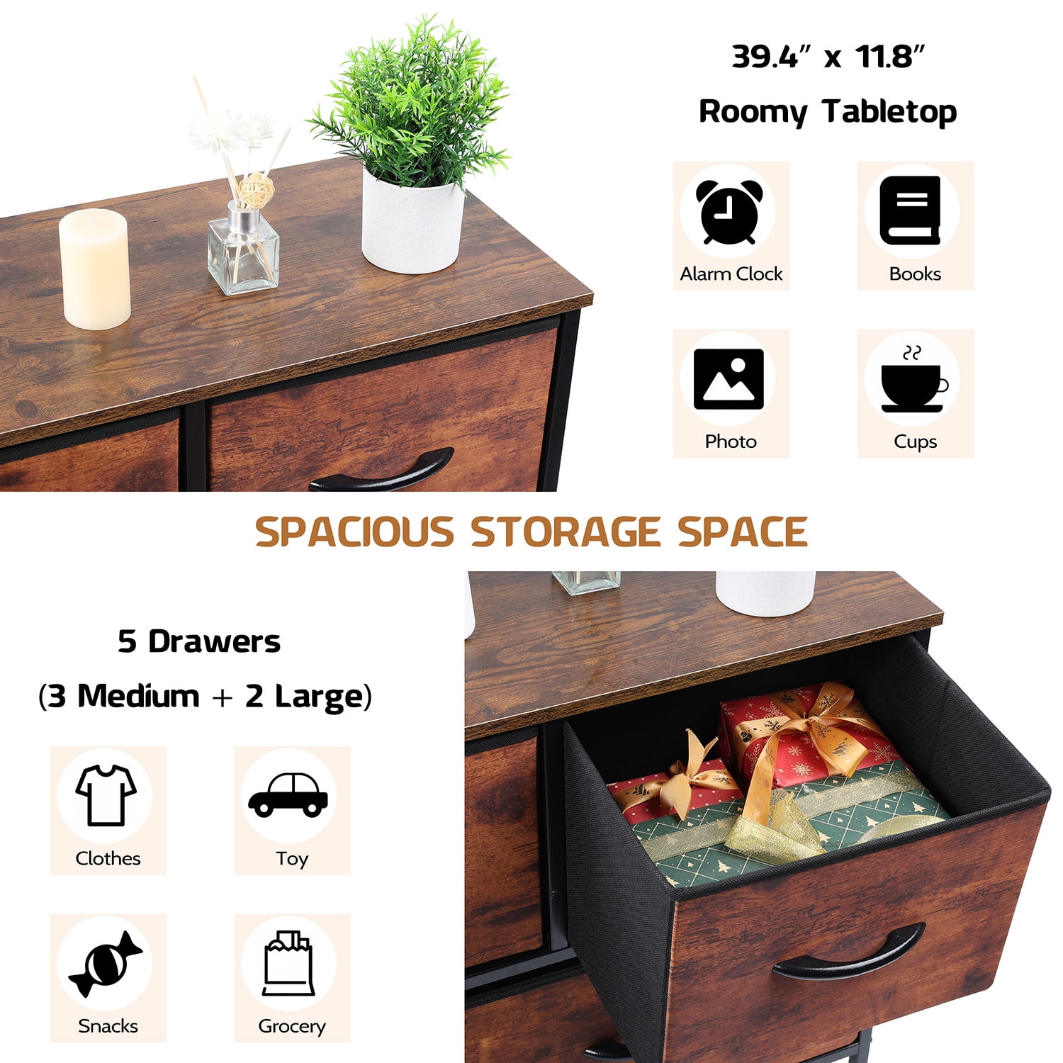 Vesteel 5 Drawers Dresser, Wide Chest of Drawers Fabric Dresser with Wood Top and Sturdy Steel Frame, Storage Organizer Unit for Closet, Living Room, Hallway - Rustic Brown - Image 4