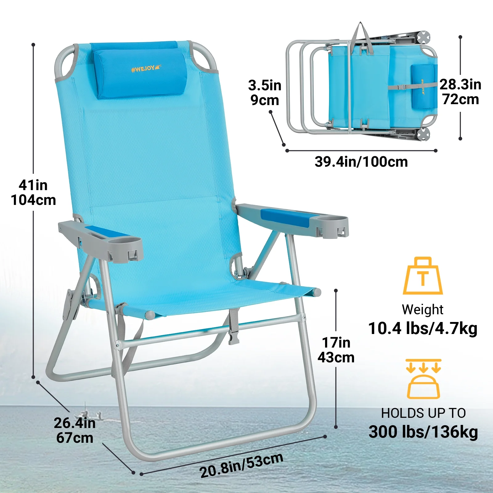 #WEJOY High Backpack Beach Chair, Portable 5-Position Reclining Lawn Chairs, Folding Chair with Phone Holder & Head Pillow, Supports up to 300 lbs for Outdoor, Camping - Image 3