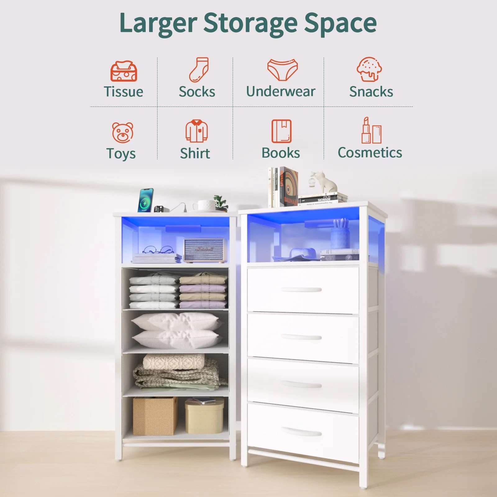 Yoobure Night Stand with Charging Station, Led Nightstand with USB Ports and Outlets, End Table with 4 Fabric Drawers and Storage Shelf, Bedside Tables Small Dresser for Small Space and Dorm - Image 3