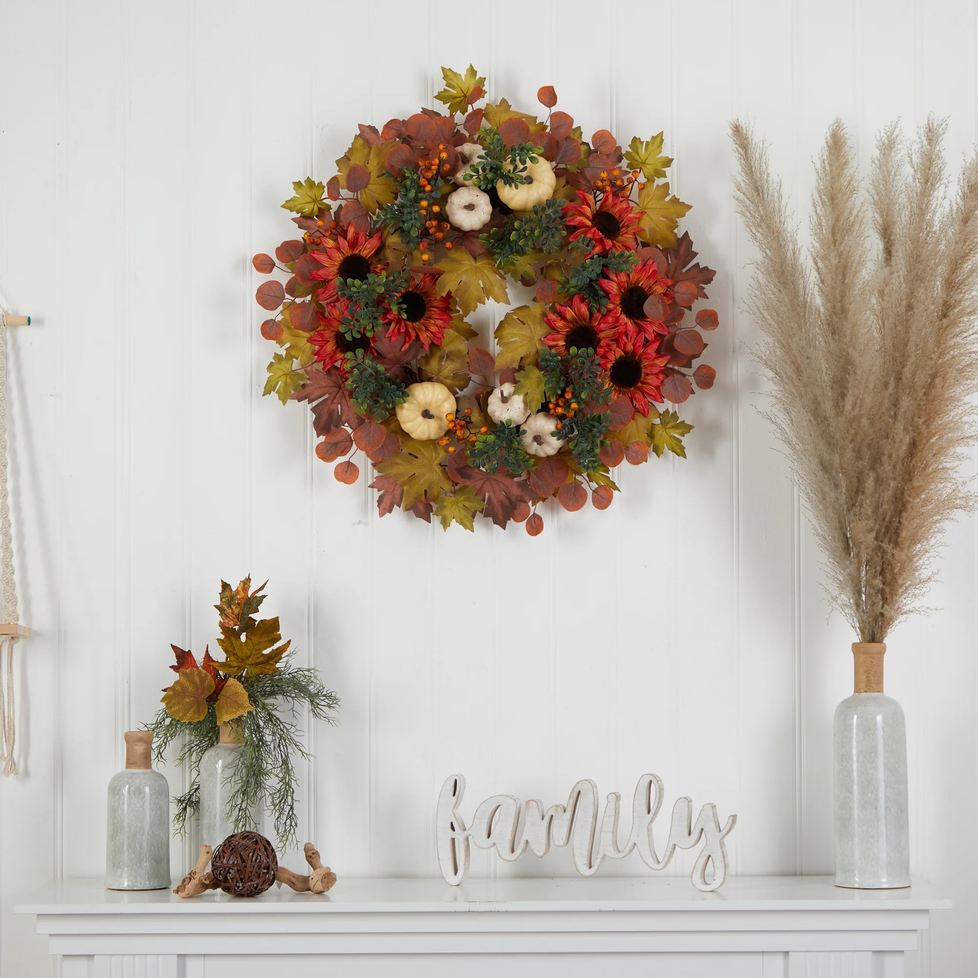 Nearly Natural Acorn Plastic Thanksgiving Autumn Foliage Artificial Wreath, with Sunflower 30" (Multicolor) - Image 3