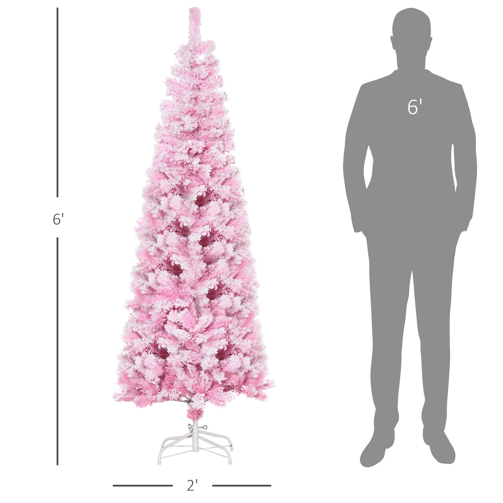 HOMCOM 6ft Tall Unlit Snow Flocked Artificial Christmas Tree Slim Pencil Xmas Tree with Pine Shape and Realistic Branches, Pink - Image 6