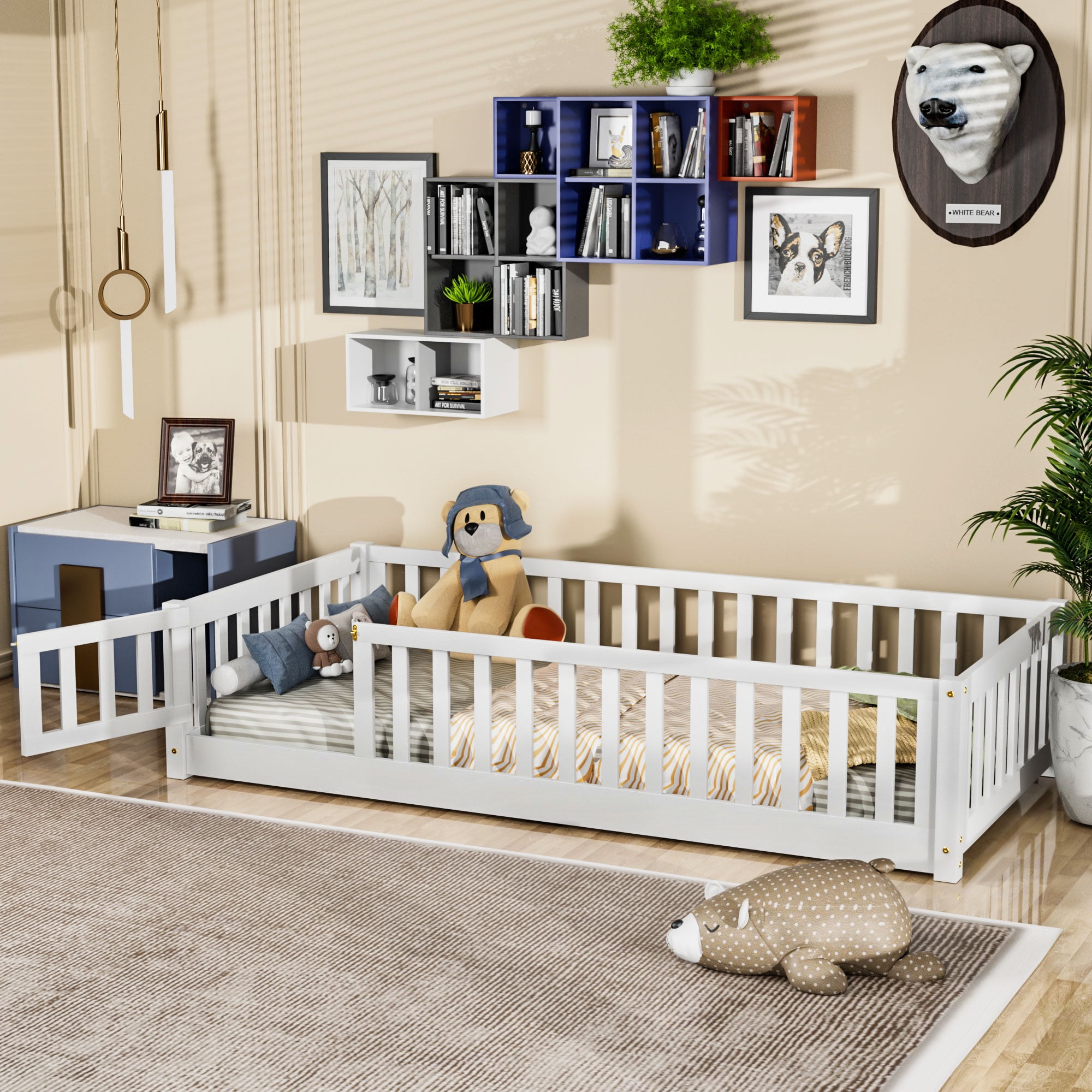 Miniyam Twin Size Toddler Floor Bed with Fence, White - Image 3