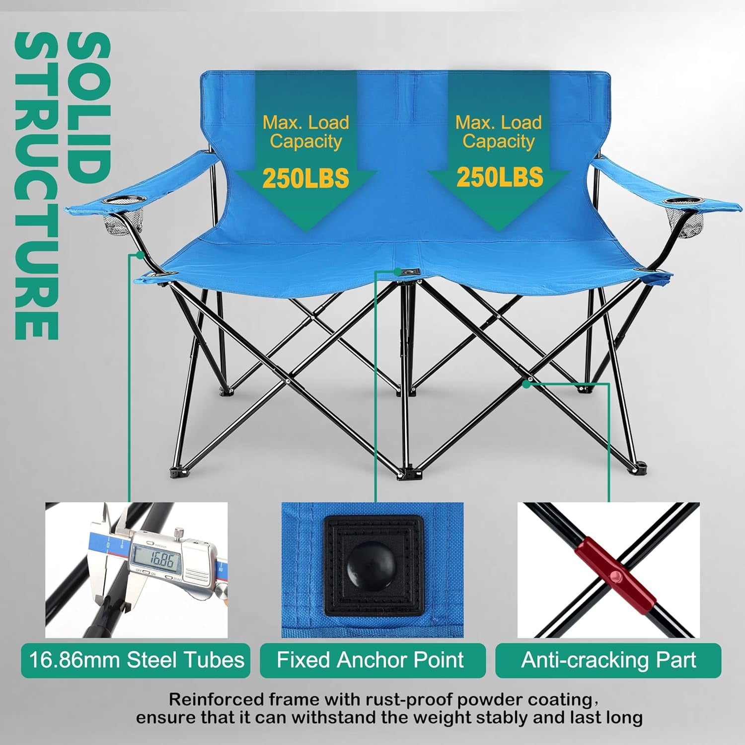 Double Camping Chair, Outdoor Folding Loveseat Chair Supports 500 LBS, Portable Oversized Lawn Chair with Cup Holders for Backpacking Hiking Picnic, Sturdy Steel Frame & 600D Oxford Fabric - Image 4