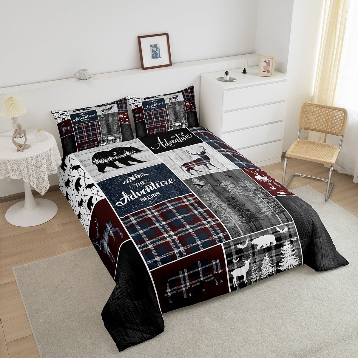 Rustic Cabin Lodge Comforter Set, Bear Deer Wildlife Quilt Full Size, Country Forest Hunting Wild Animal Bedding Retro Plaid Checkered Patchwork Down Comforter Farmhouse Decorations, Grey Black - Image 5