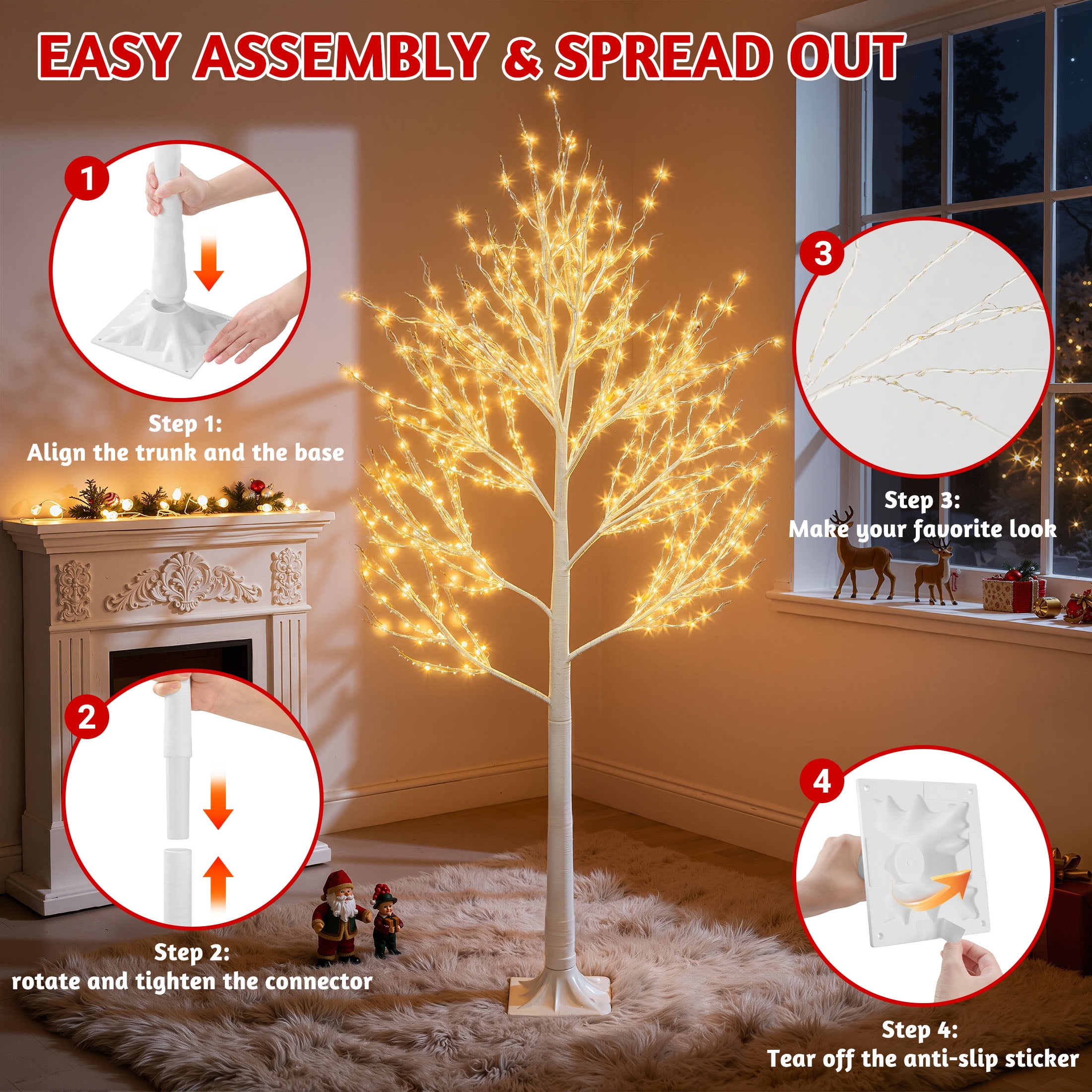 3-Pieces Lighted Birch Trees Sets, Segmart Indoor Outdoor Christmas Tree with 650 LED, Stand and Timer, Christmas Porch Decorations Lighted Trees Artificial for Festival, Party,6FT+5FT+4FT - Image 4