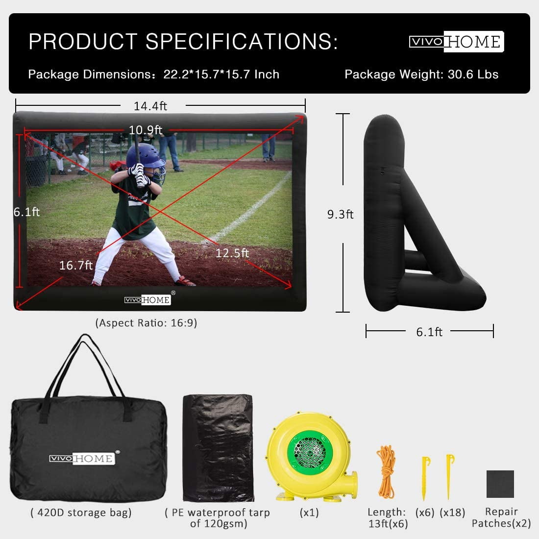 VIVOHOME 16ft Inflatable Blow up Movie Screen with Carry Bag for Front and Rear Projection, 350W Air Blower - Image 5