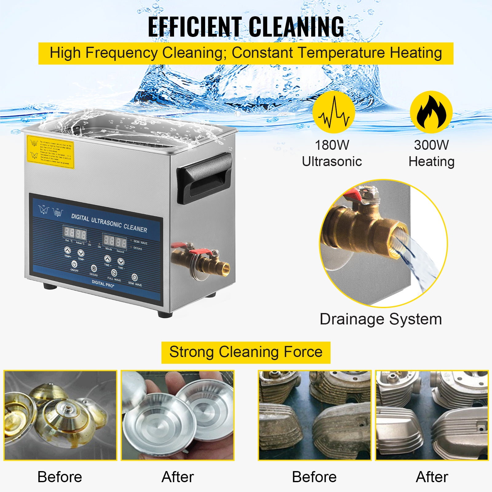 VEVOR 6L Ultrasonic Cleaner 28/40khz Dual Frequency Ultrasonic Cleaner Stainless Steel Digital Lab Ultrasonic Cleaner with Heater Timer for Watch Glasses Small Parts Dental Instruments Cleaning - Image 4