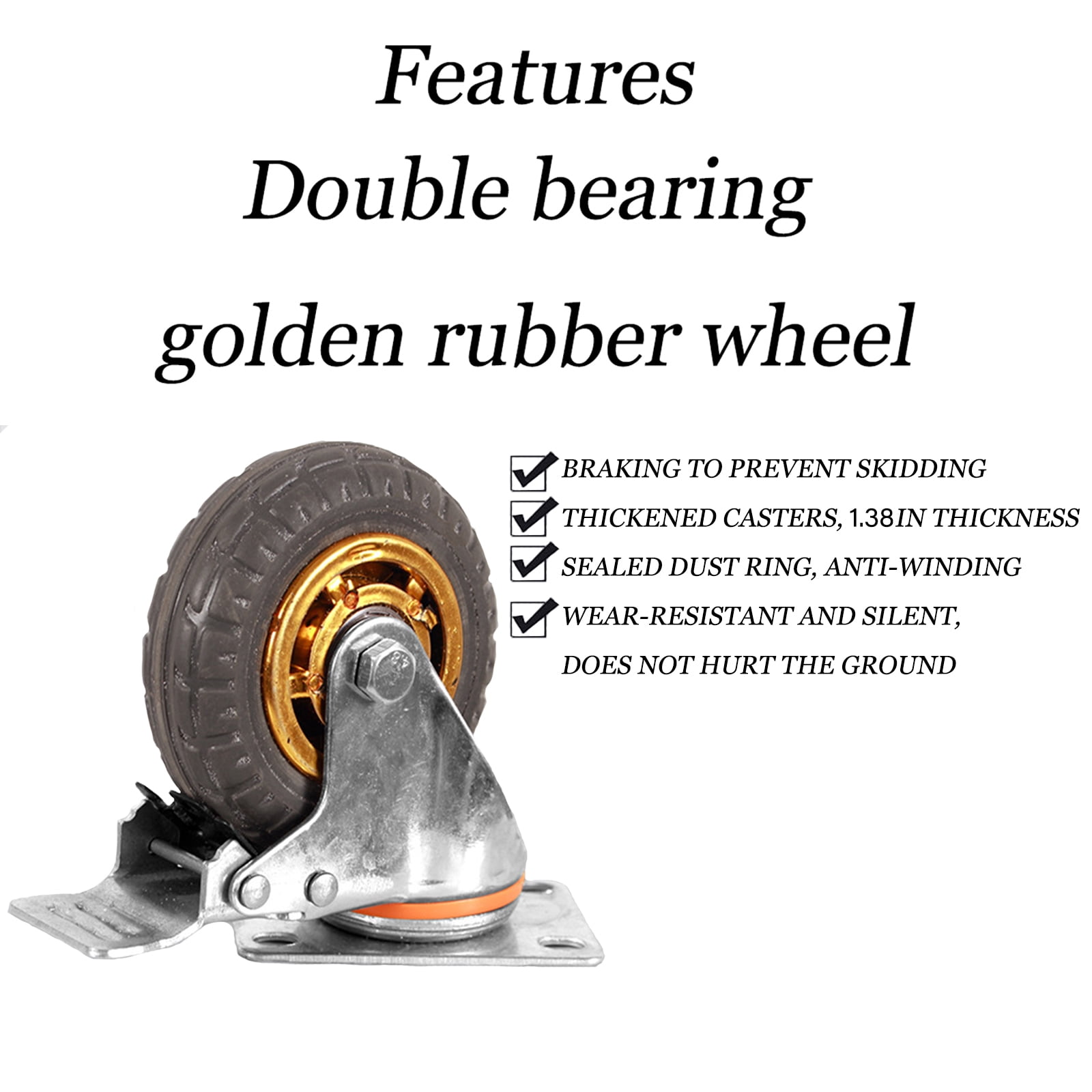 Ycvsad 5 inch Caster Wheels Heavy Duty casters Set of 4,Rubber Swivel Caster Quiet Anti-Skid with Brake 360 Degree Double Ball Bearing Castors(2PCS Fixed Caster Wheels 2PCS Swivel Casters with Brake) - Image 4