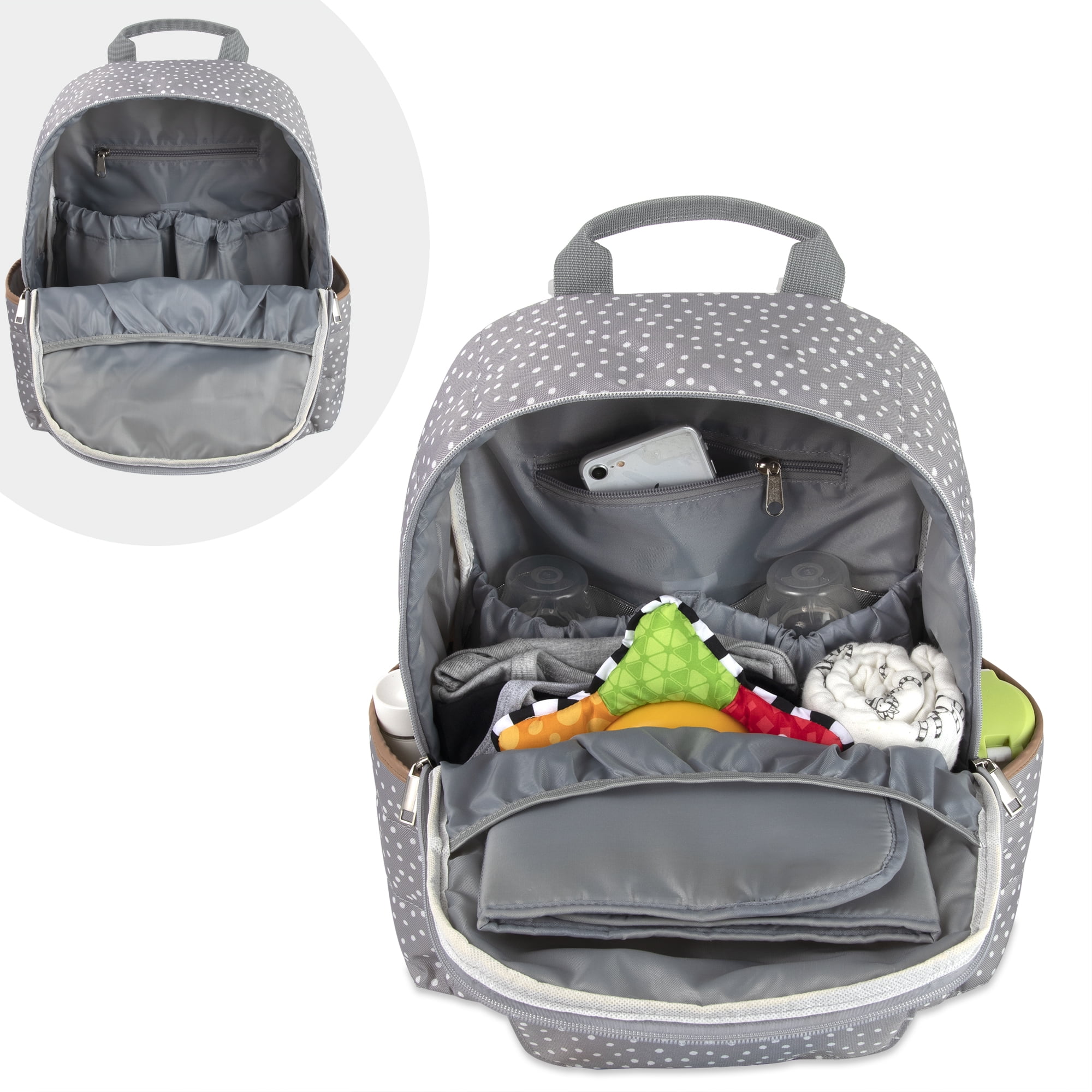Jessica Simpson Gray Line Quilted Multi-Pocket Dual Zipper Closure Fashion Diaper Bag Backpack in Dots with Magnetic Front Baby Wipe Pocket, Matching 3-Ply Folding Baby Changing Pad - Image 6