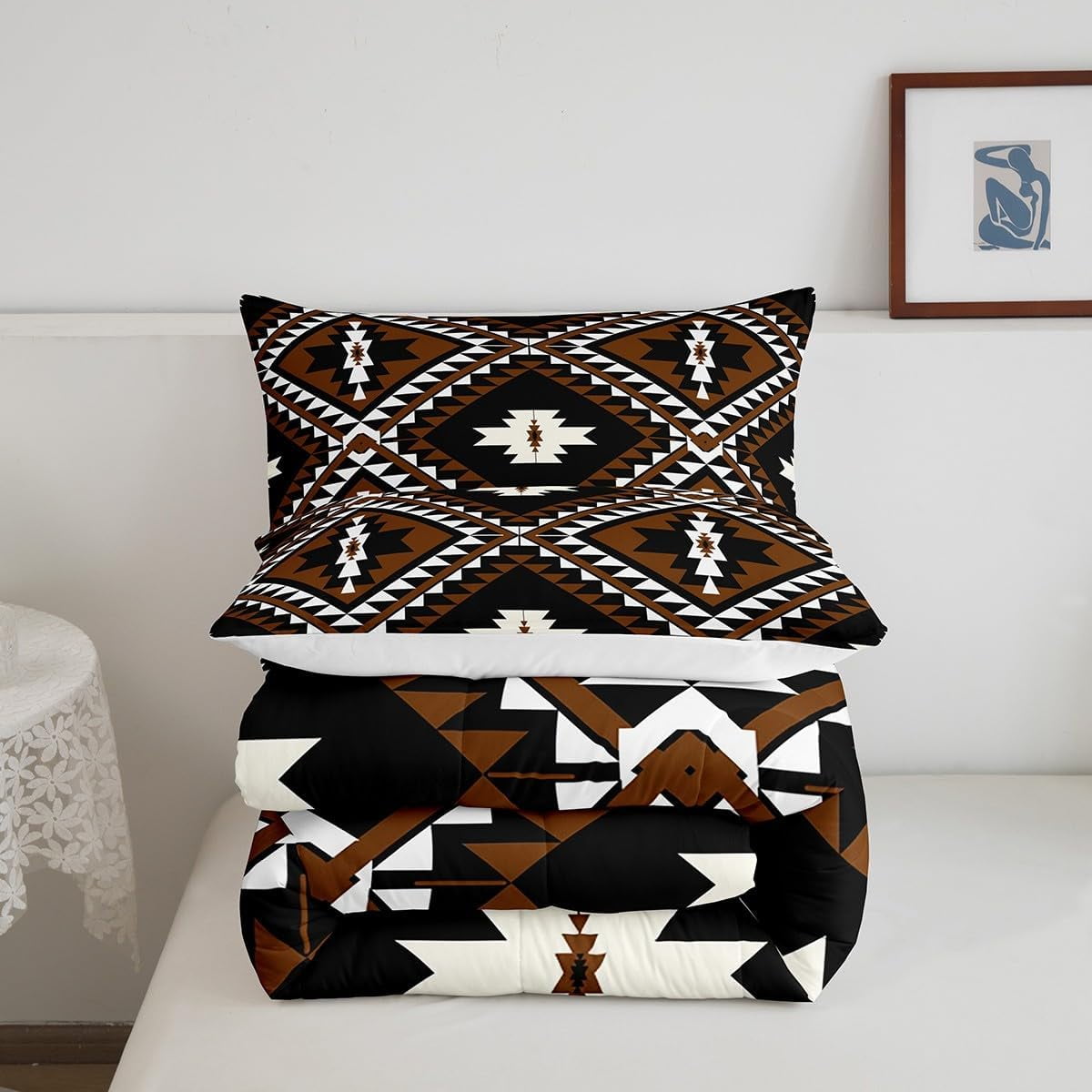 Rustic Western Twin Size Comforter Set For Men,Southwestern Aztec Bedding Set Bohemian Quilt Comforter Ethnic Mexican Geometric Diamond Duvet Insert Brown Black White Farmhouse Room Decor 2 Pcs - Image 4