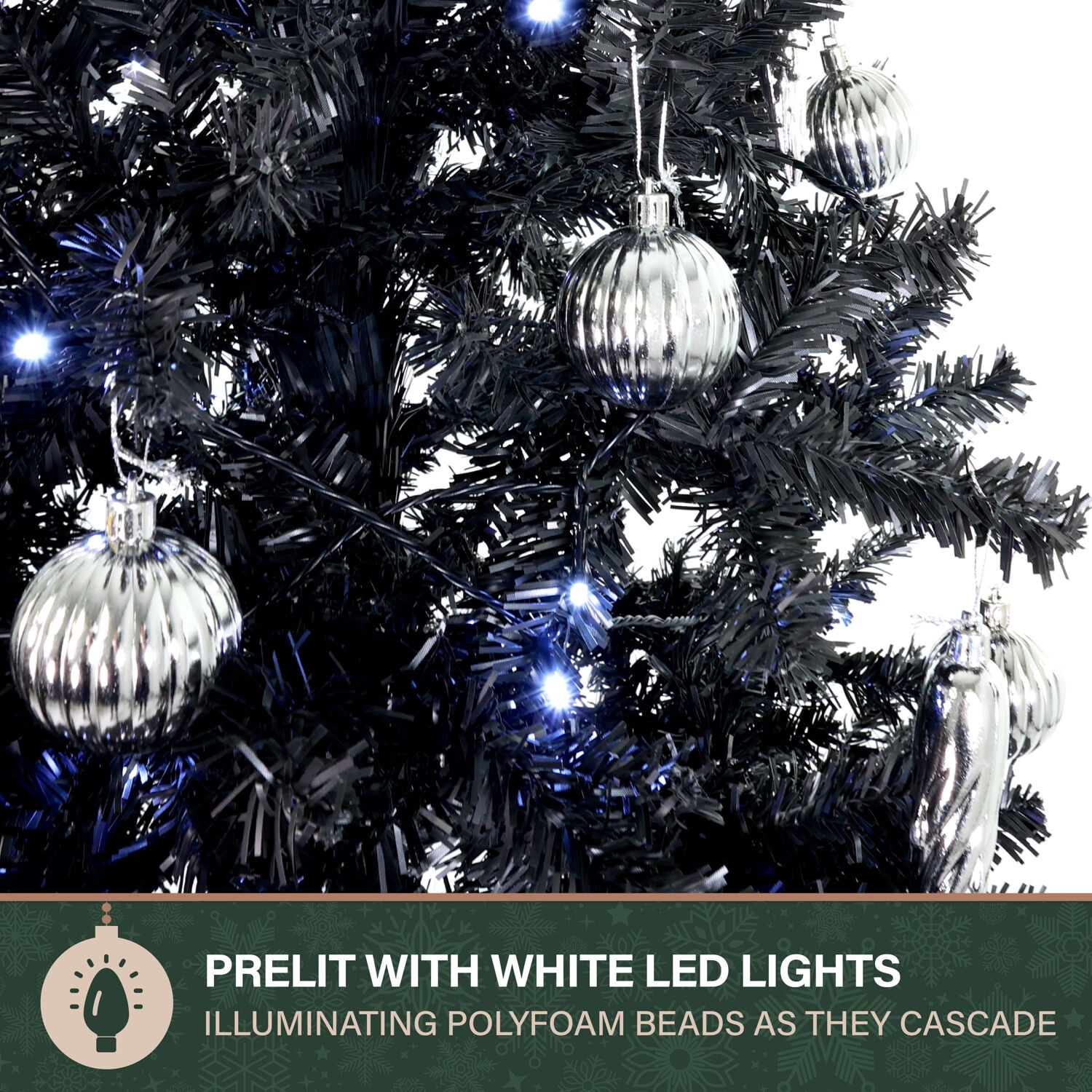 Fraser Hill Farm White Prelit LED Black Decorated Pine Musical Christmas Tree, with Umbrella Base 6.25' - Image 6