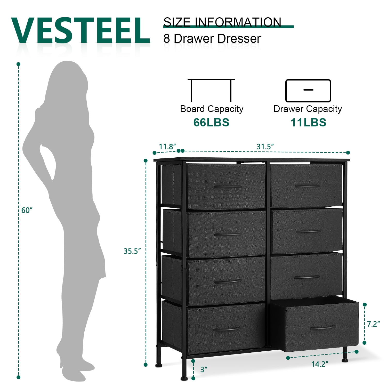 Vesteel 8 Drawers Dresser for Bedroom, Double Dresser Tall Storage Tower with Fabric Bins, Chest of Drawers for Closet, Living Room, Hallway, Black - Image 6