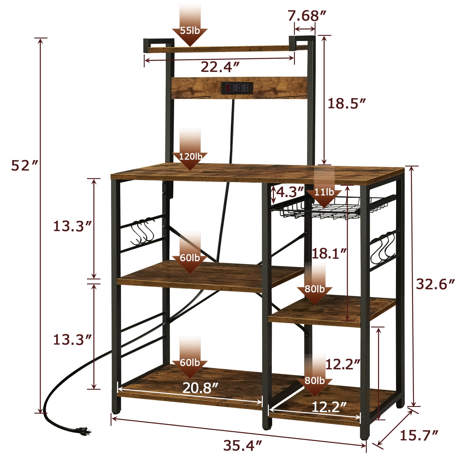 4 Tiers Bakers Rack with Power Outlets, Coffee Bar Table with 6 Hooks, Wood Microwave Stand with Wire Basket, Kitchen Storage Shelf, Kitchen Rack in Brown - Image 4