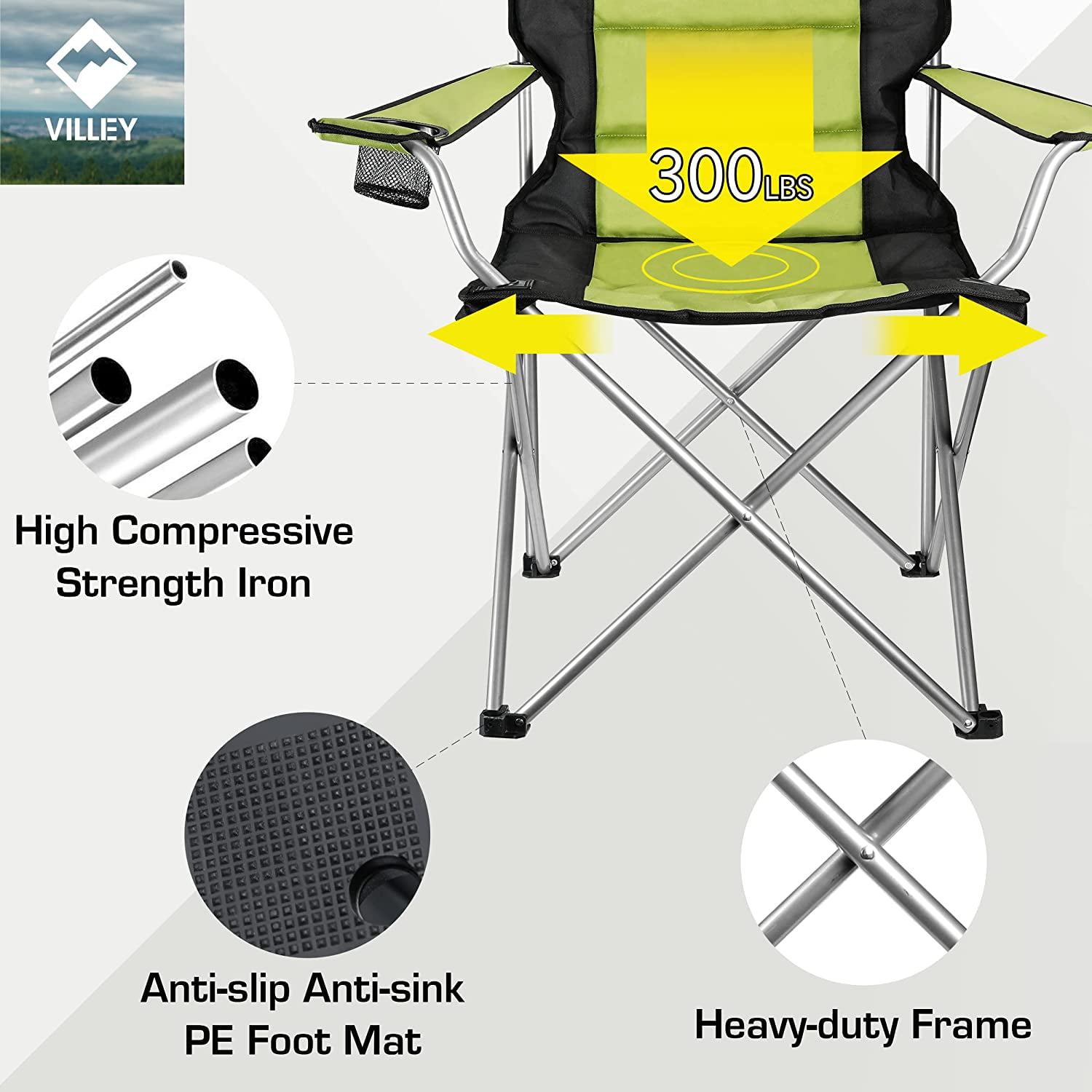 VILLEY Camping Chairs, Padded Folding Chair, Outdoor Portable High Camp Chair for Adult, Foldable Outside Arm Chair with Cup Holder & Carry Bag, Green - Image 3