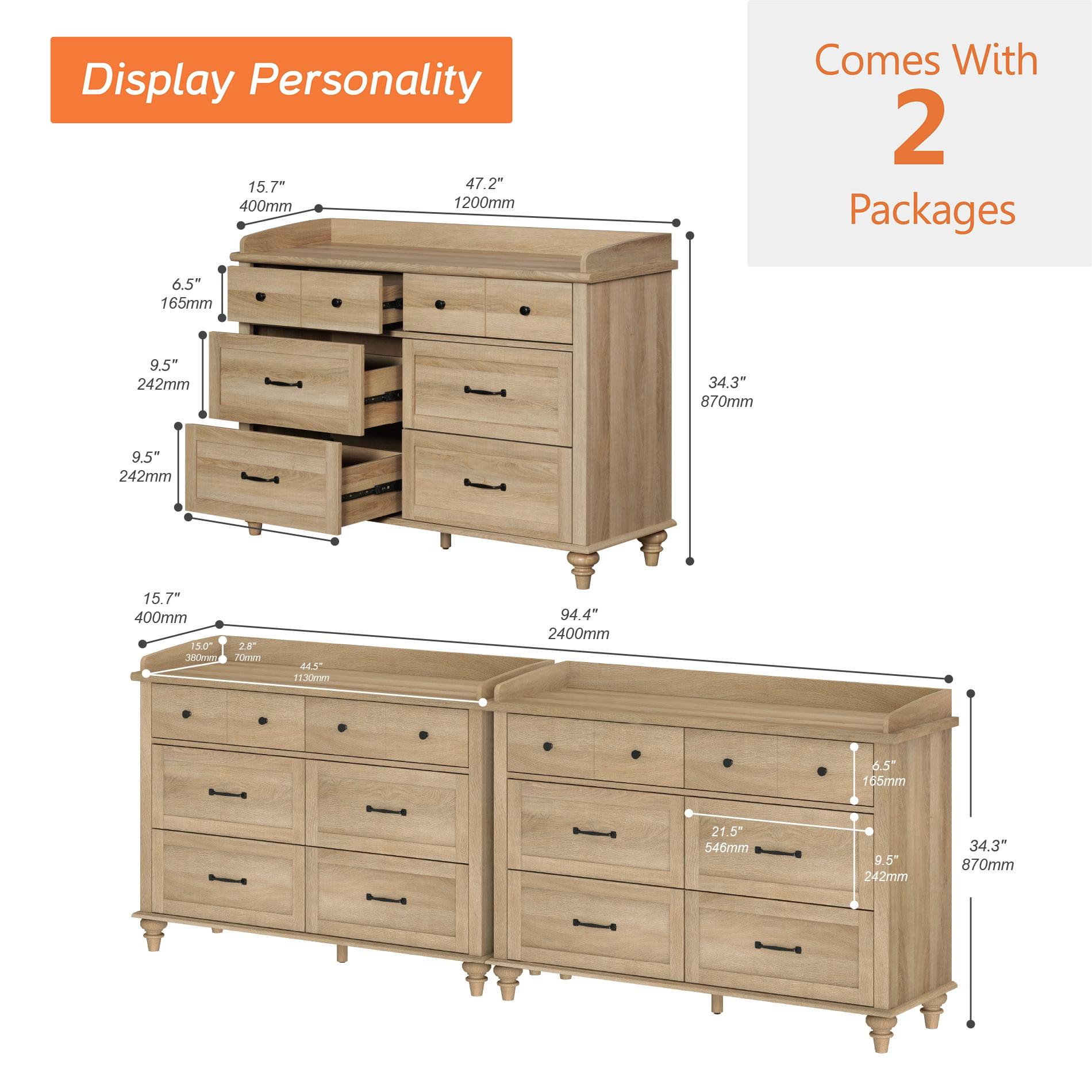 Wood Dresser with 12 Drawers, Nursery Dresser Chest of Drawers, Mid-Century Kids Dresser for Bedroom, Oak 94 inch - Image 6