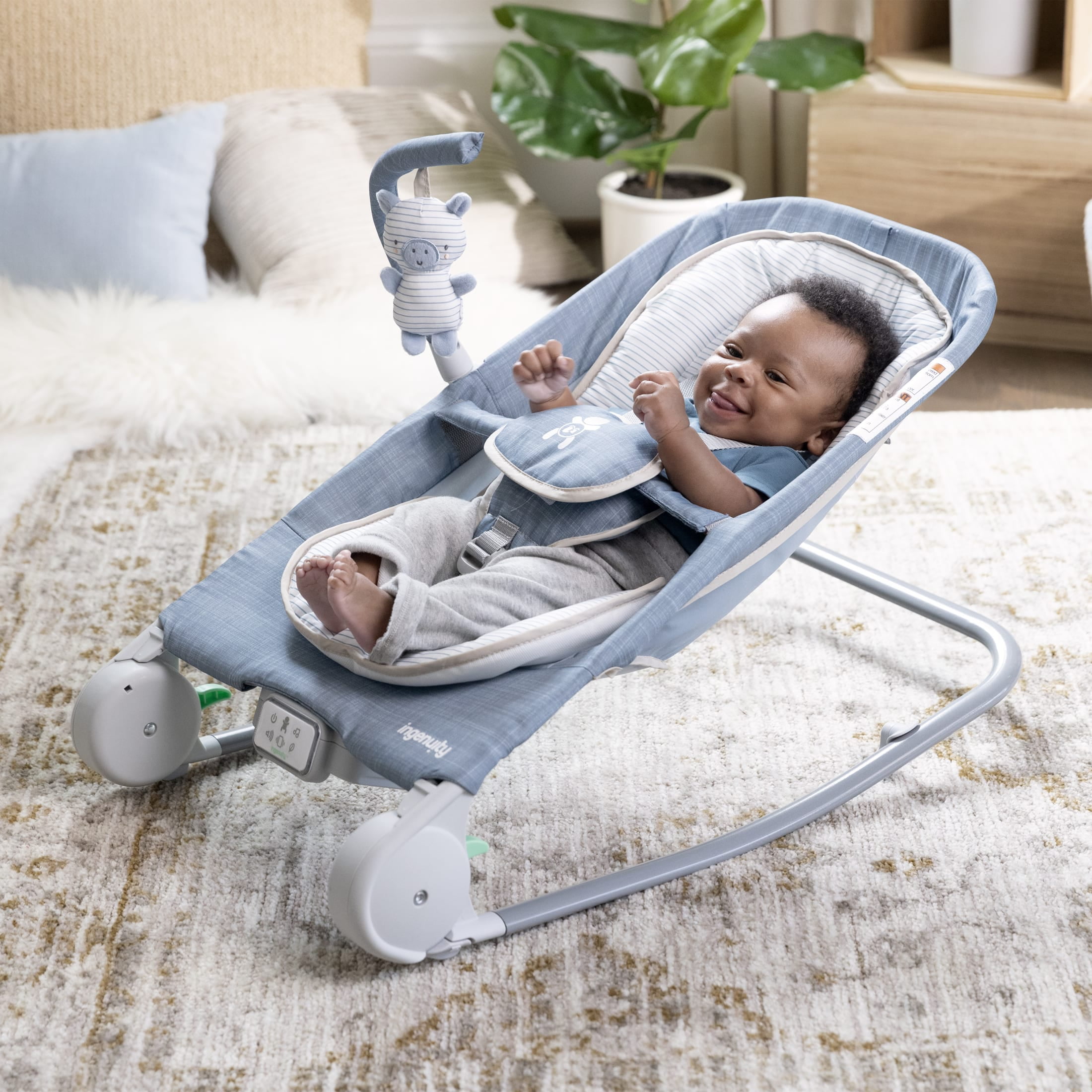 Ingenuity Happy Belly Rock-to-Bounce Infant Baby Massage Seat,Bouncer and Rocker For Ages 0-6 Months, Unisex, Blue - Chambray - Image 11