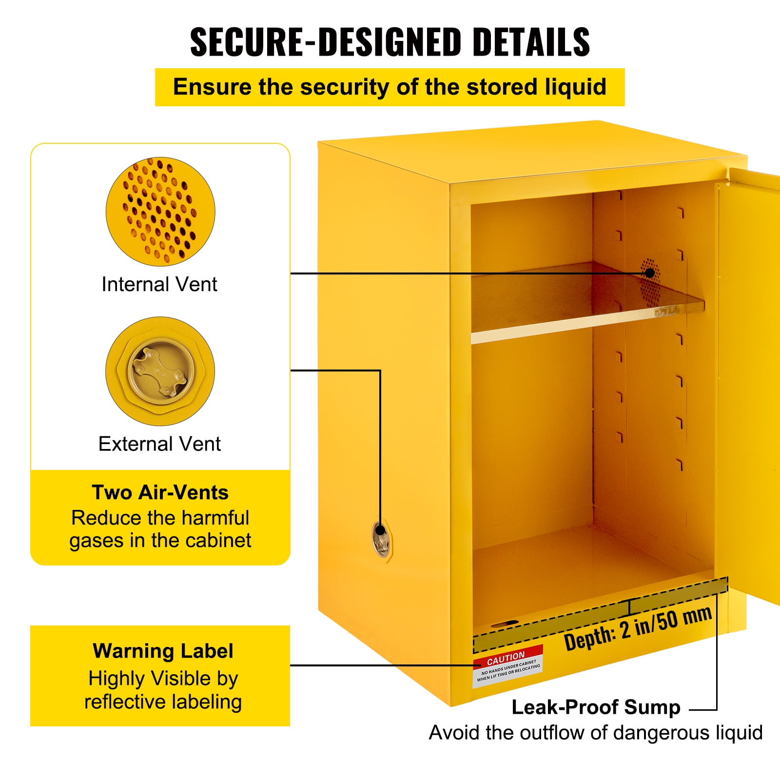 BENTISM Safety Cabinet for Flammable Liquids Single door and Manual Close Yellow Hazardous Storage 43 x 43 x 46CM - Image 7