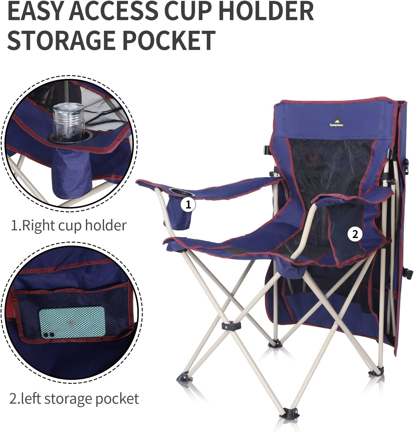 Camping Brothers Camping Chair with Shade Canopy - Outdoor Folding Patio Chair - Includes Retractable Sun Shade, Cup Holder, Side Pockets (Navy) - Image 3