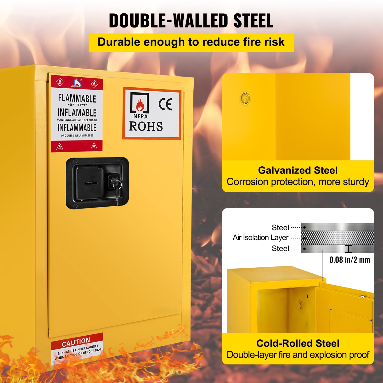 BENTISM Safety Cabinet for Flammable Liquids Single door and Manual Close Yellow Hazardous Storage 43 x 43 x 46CM - Image 4