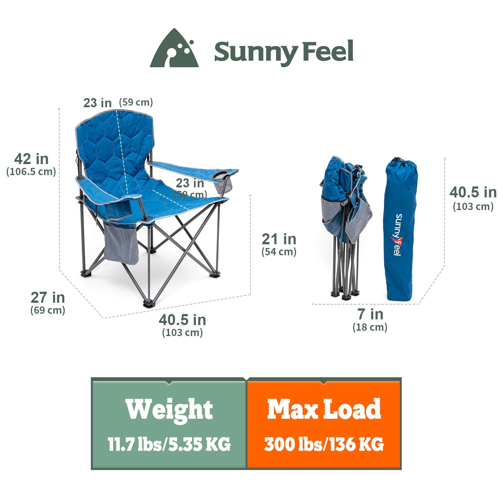 Sunnyfeel XXL Folding Outdoors Steel Camping Chair, Heavy Duty 227KG, Ideal for Tall People, 2 Pack, Blue - Image 4