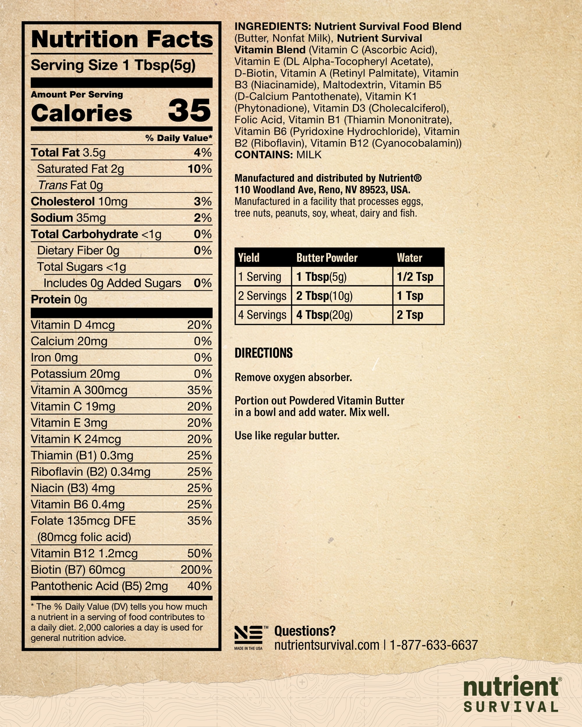 Nutrient Survival Vitamin Butter Powder, Freeze Dried Prepper Supplies & Emergency Food Supply, 16 Essential Nutrients, Soy & Gluten Free, Shelf Stable Up to 10 Years, One Can, 204 Servings - Image 6