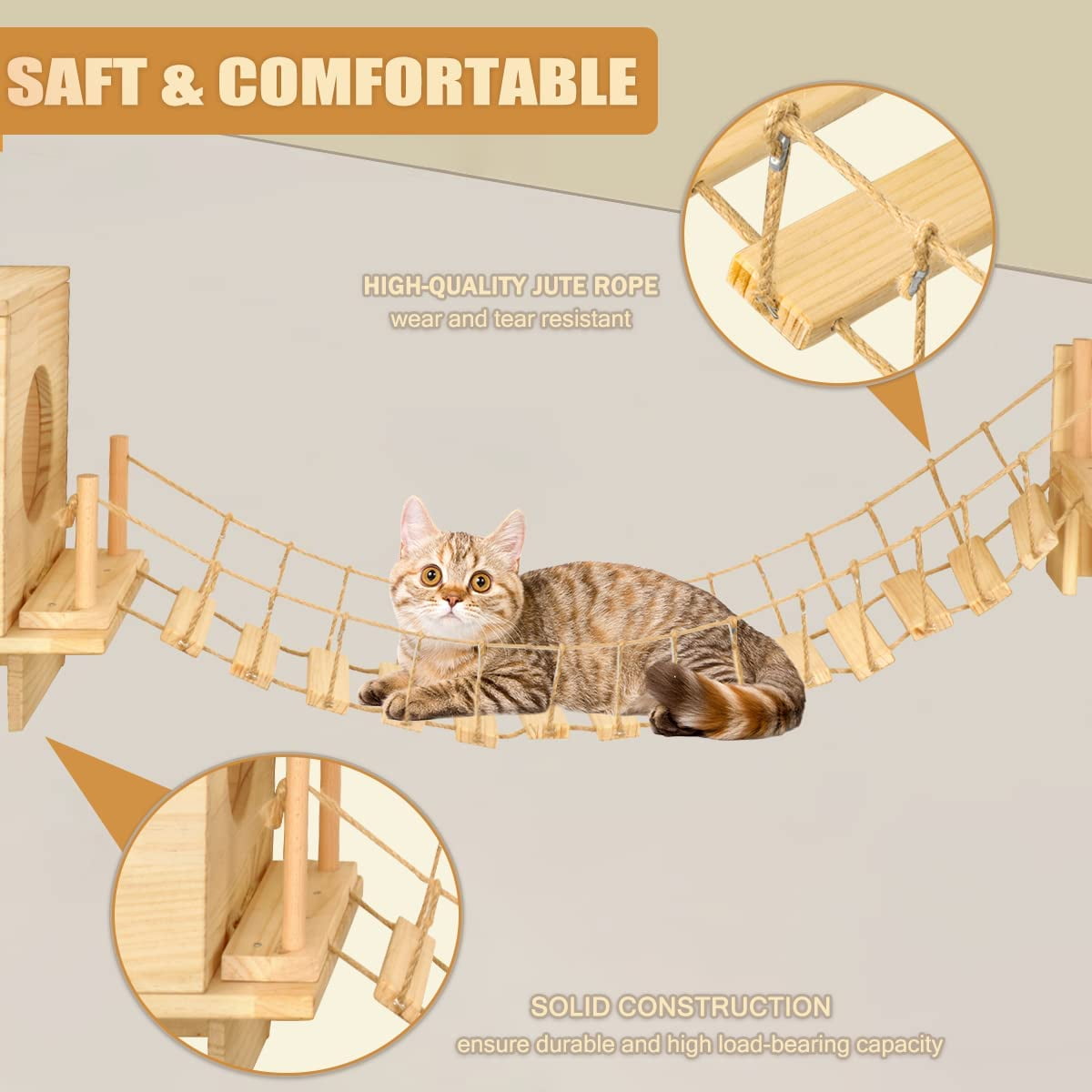 BreeRainz Cat Wall Shelves and Bridge for Indoors Cats, Cat Wall Furniture with Solid Wood Climbing Shelves and House to Play and Rest - Image 7