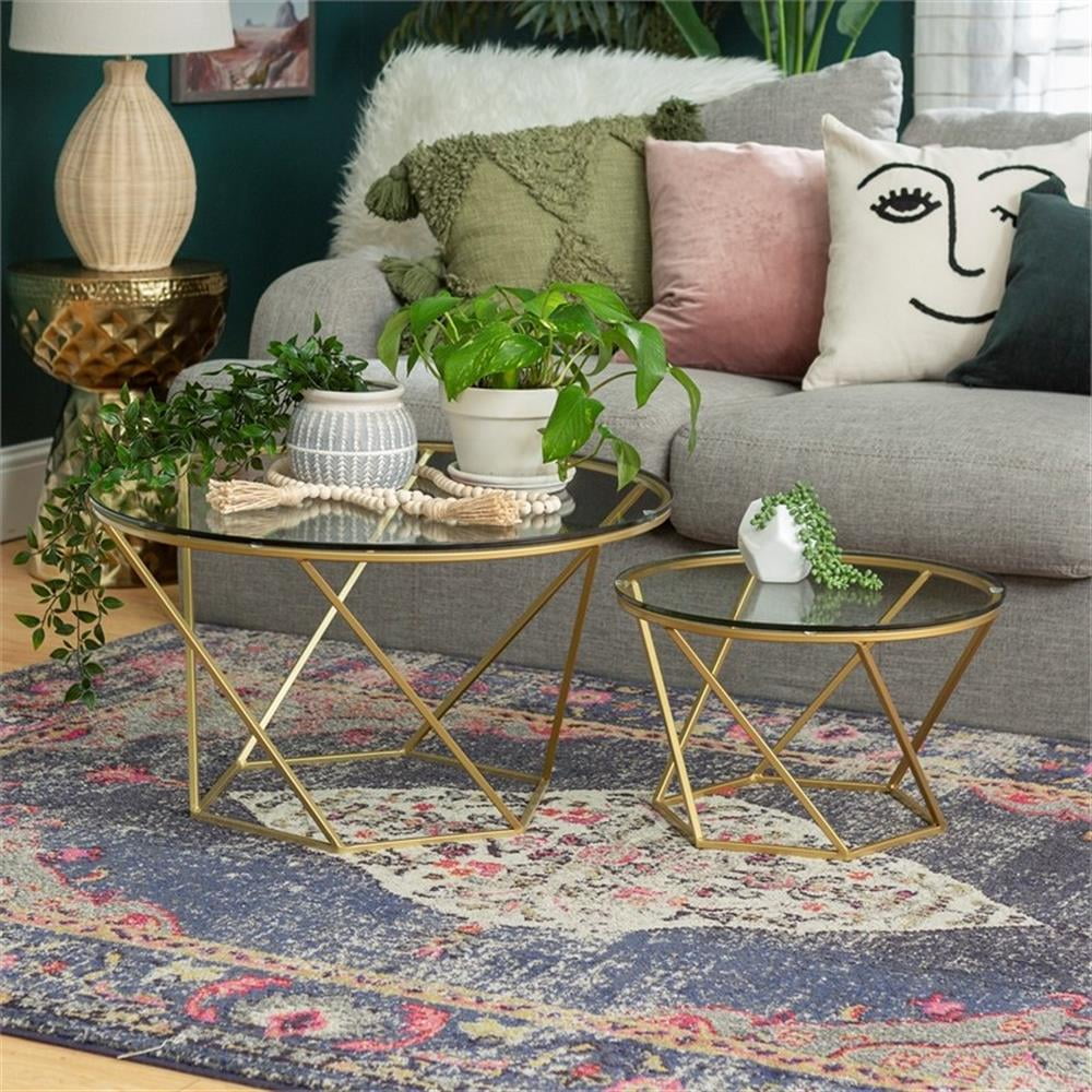 Walker Edison Round Glass Top Nesting Coffee Table Set with Gold Base - Image 4