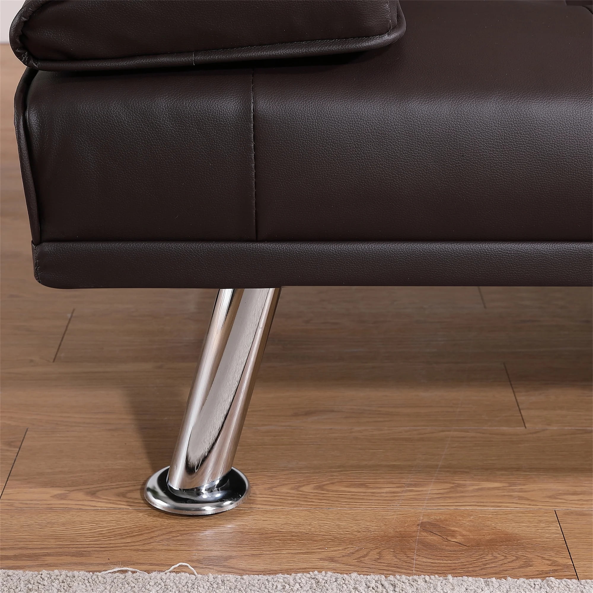 Aukfa Leather Futon Sofa Bed Modern Convertible Couch Folding Chaise with 2 Cup Holders, Brown - Image 4