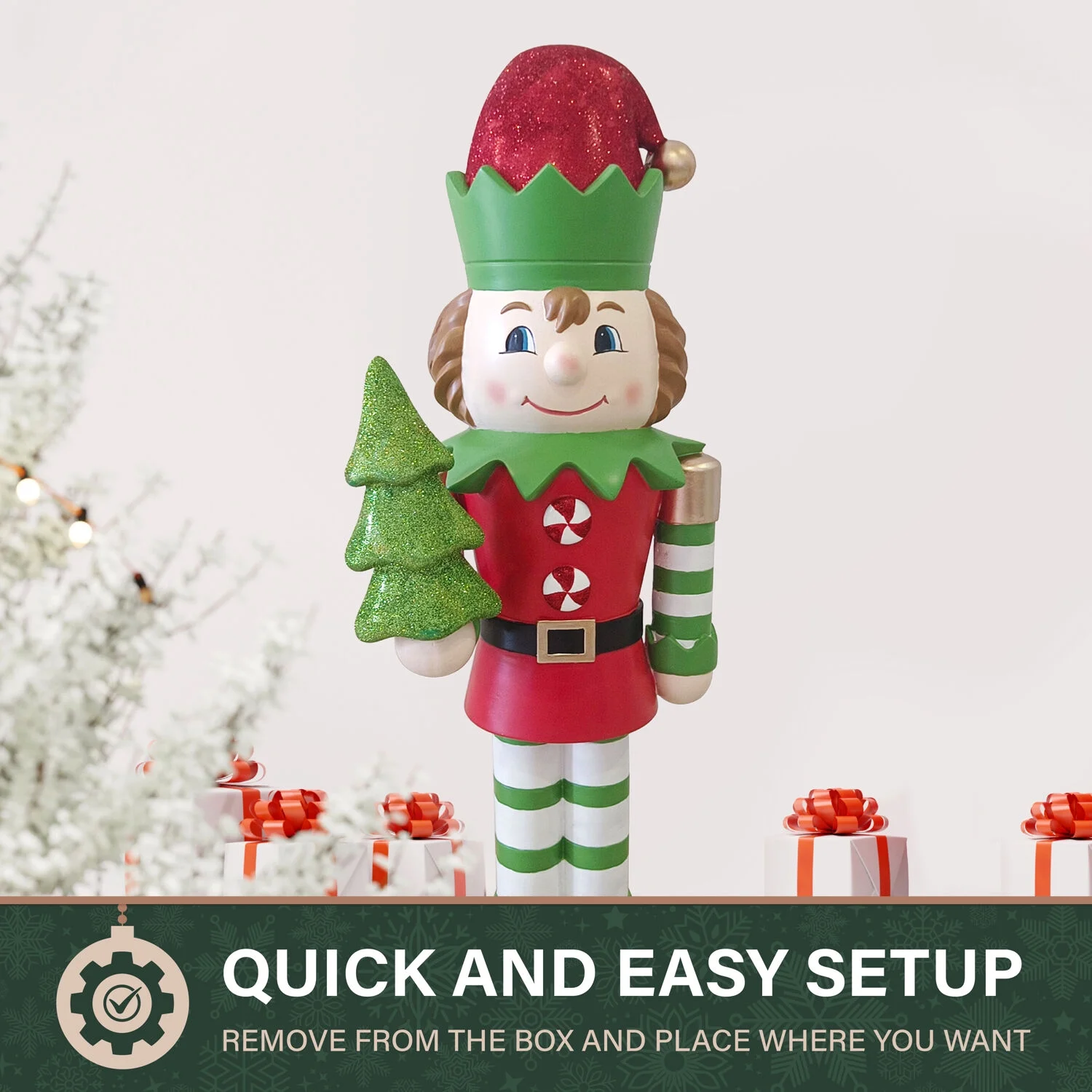 Fraser Hill Farm 48-inch African American Elf Nutcracker Figurine Holding Tree in Red/Green, FFMG048-0ELF-MLTAA - Image 3