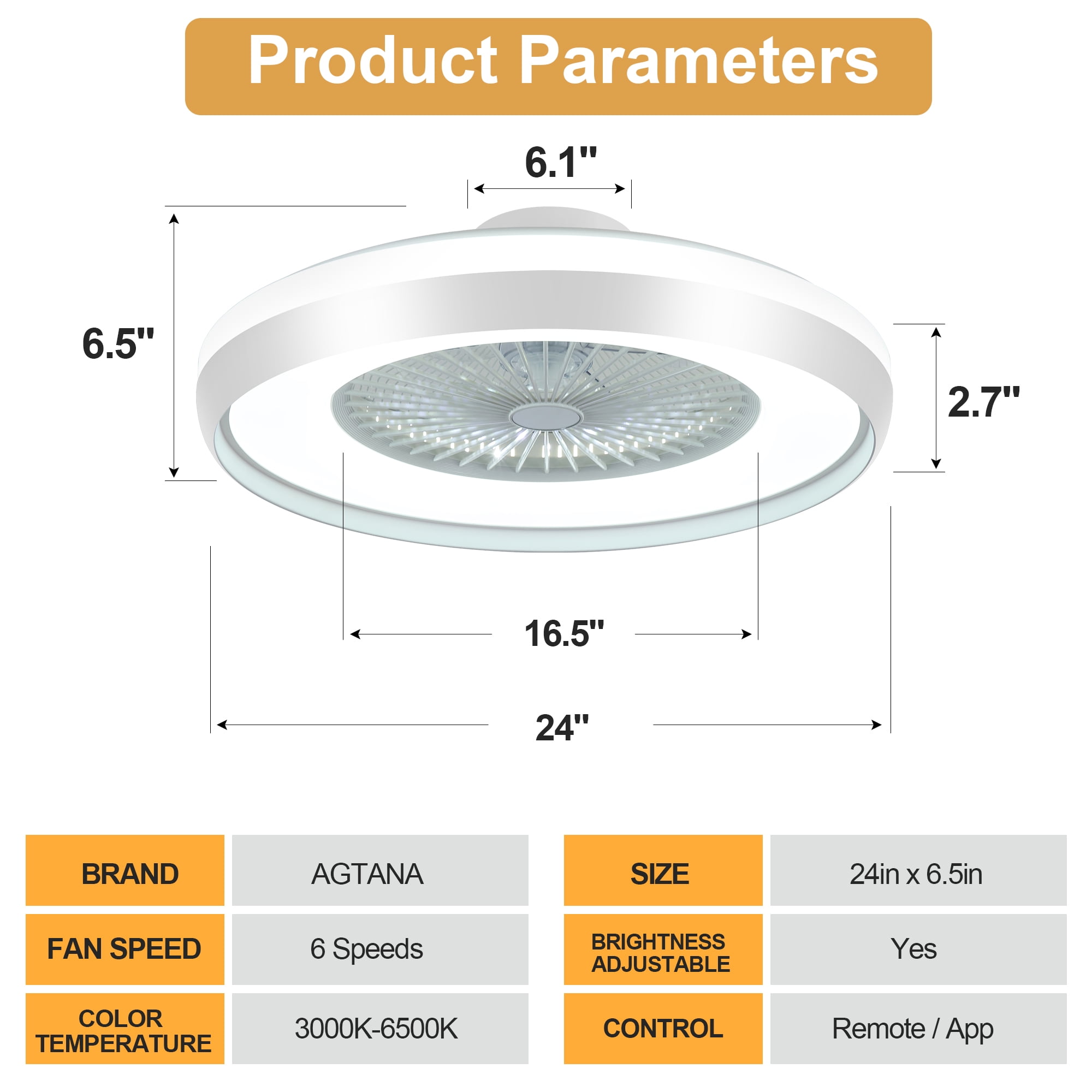 24" Low Profile Ceiling Fans with Lights, APP and Remote Control, 3 Color Dimmable, Reversible 6 Speeds, Timing Setting, Bladeless Flush Mount LED Ceiling Fan - Image 7