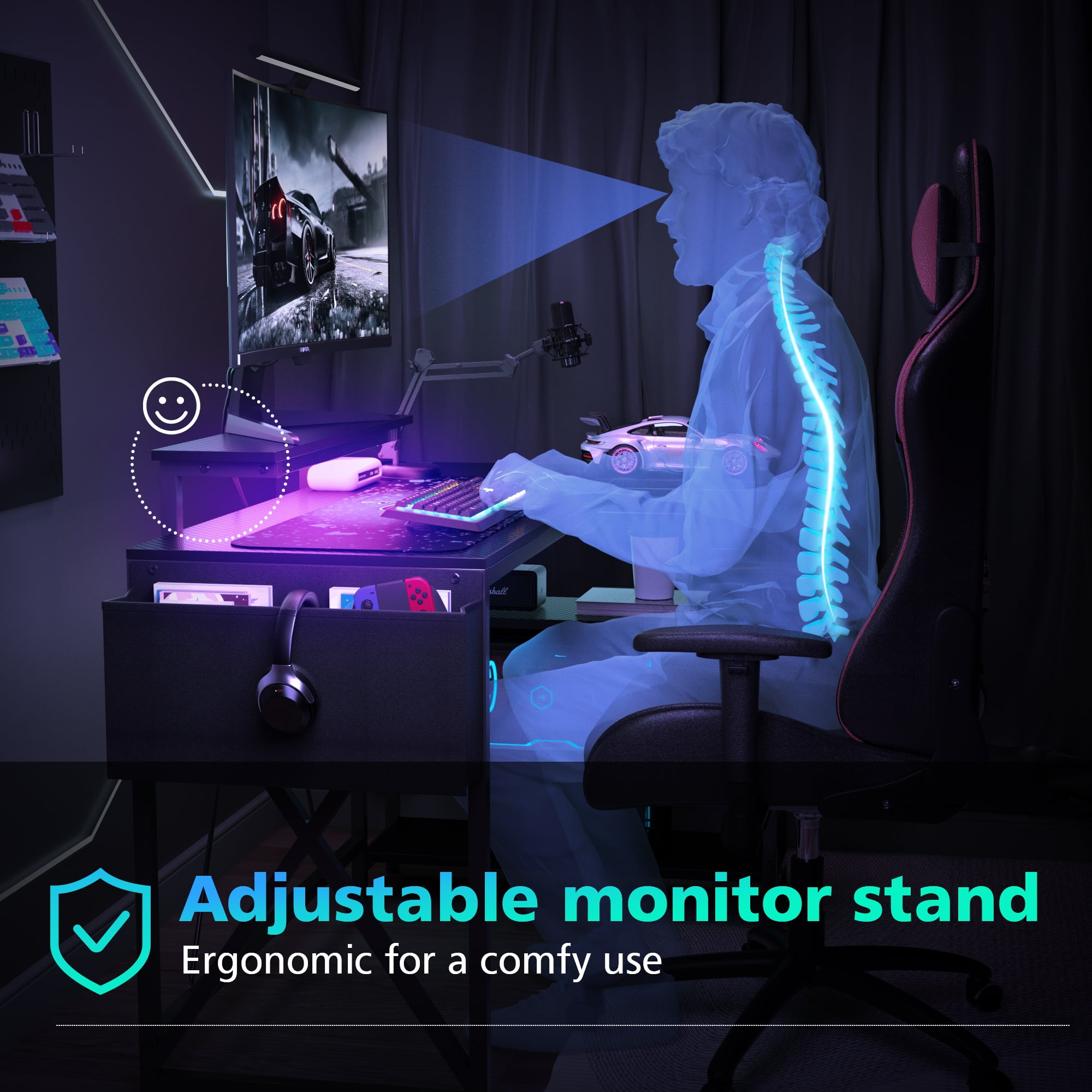 Eunon 42" Gaming Desk with LED Lights Small L Shaped Desk with Power Outlets Monitor Stand Corner Computer Desk,Black Carbon Fiber - Image 3