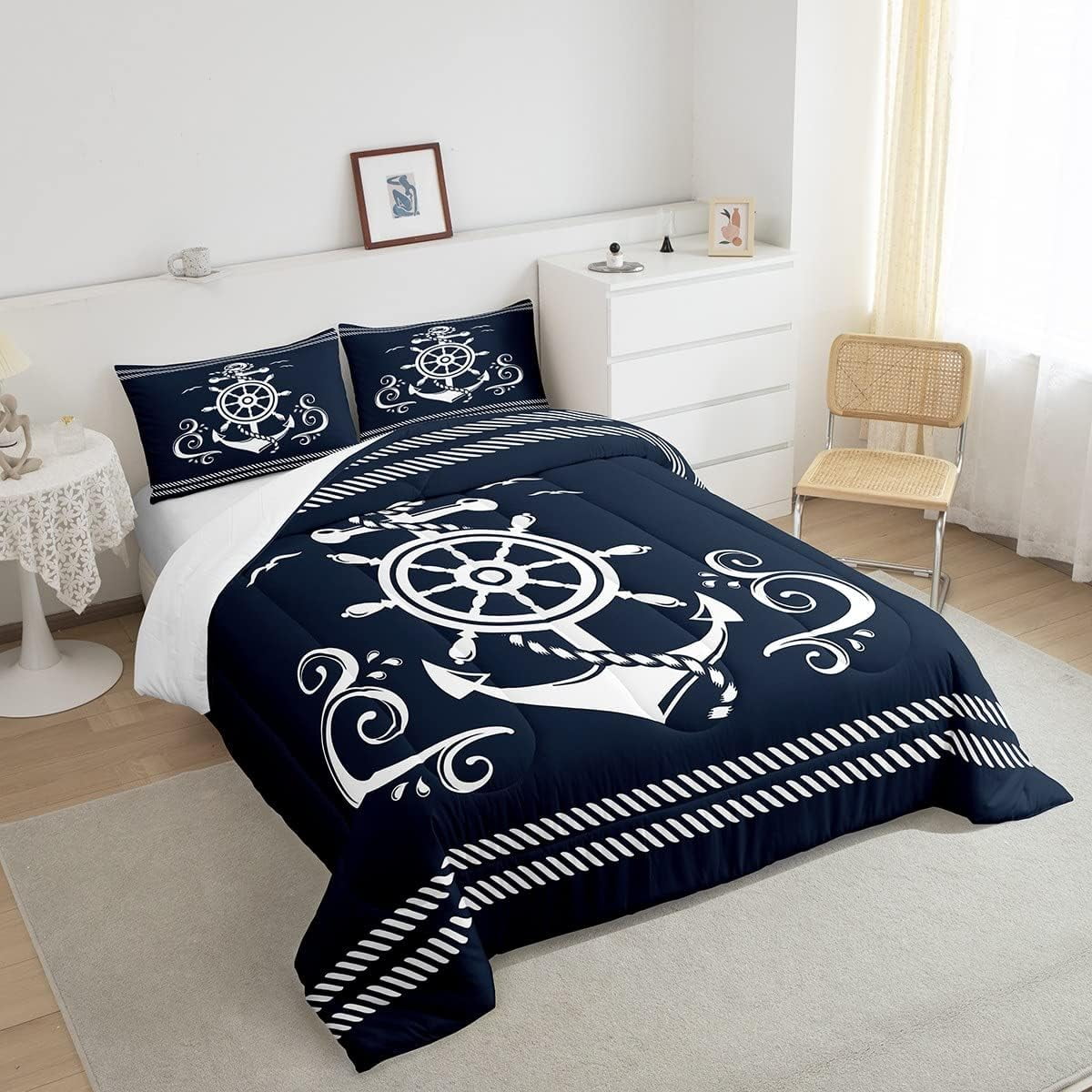 Erosebridal Nautical Anchor Bedding Set , Compass Adventure Comforter Set Coastal Compass Duvet Sets Ocean Sailboat Bedding Comforters Teens Adult Bedroom, Navy Blue(Queen Size) - Image 3