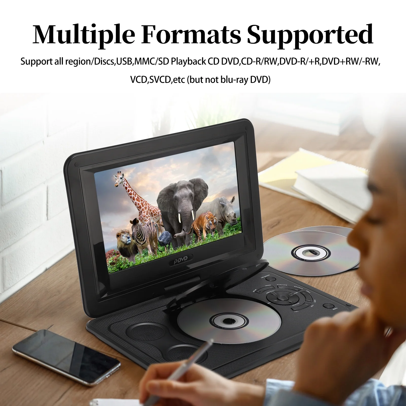 13.9inch Portable DVD Player, 10.1" Swivel Screen, Built-in Rechargeable Battery Car DVD Player, Support CD/DVD/SD Card/USB/Connect TV, Remote Control, Black - Image 5