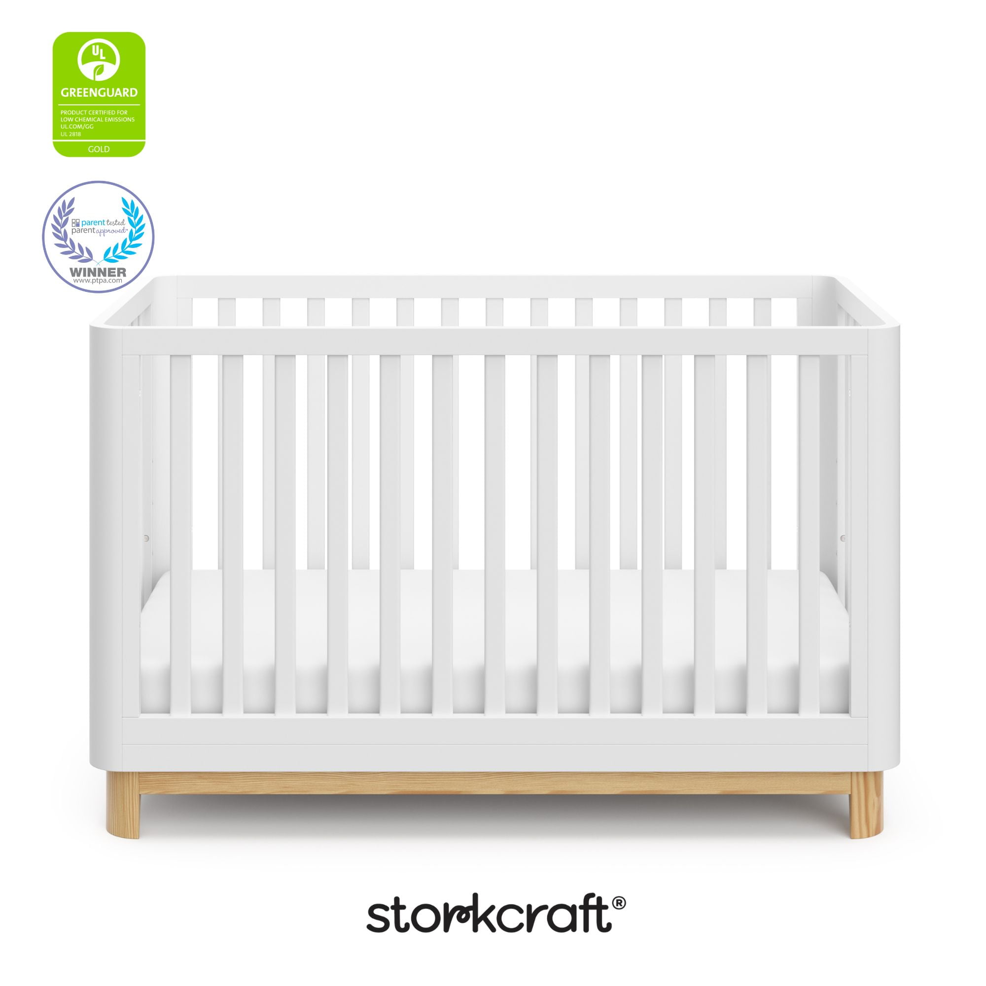 Storkcraft Santos 3-in-1 Convertible Baby Crib, White with Natural - Image 3