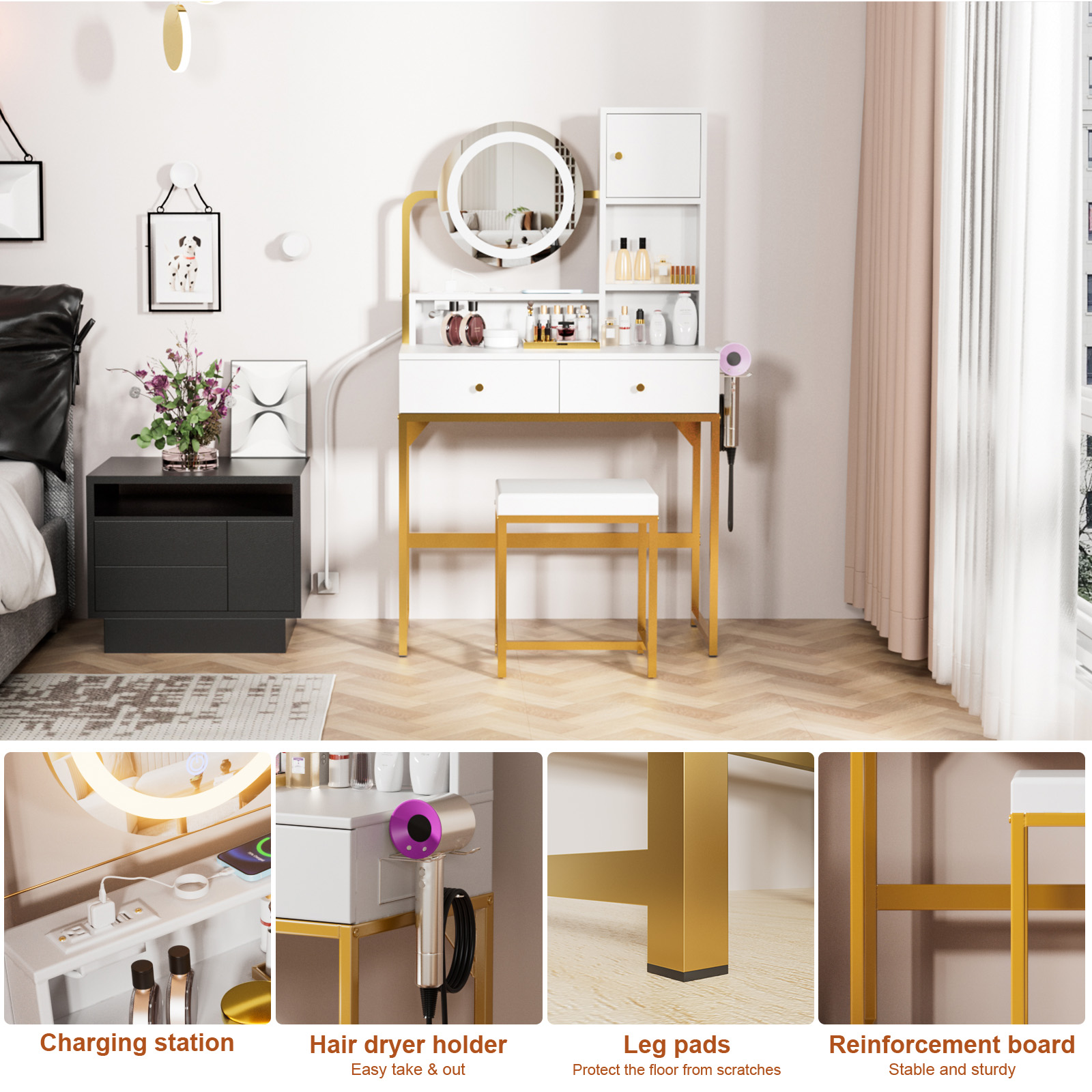 VIPLIVE Vanity Desk with LED Mirror & Power Strip, Bedroom Makeup Table with 2 Drawers, Hair Dryer Rack and Stool, White - Image 7